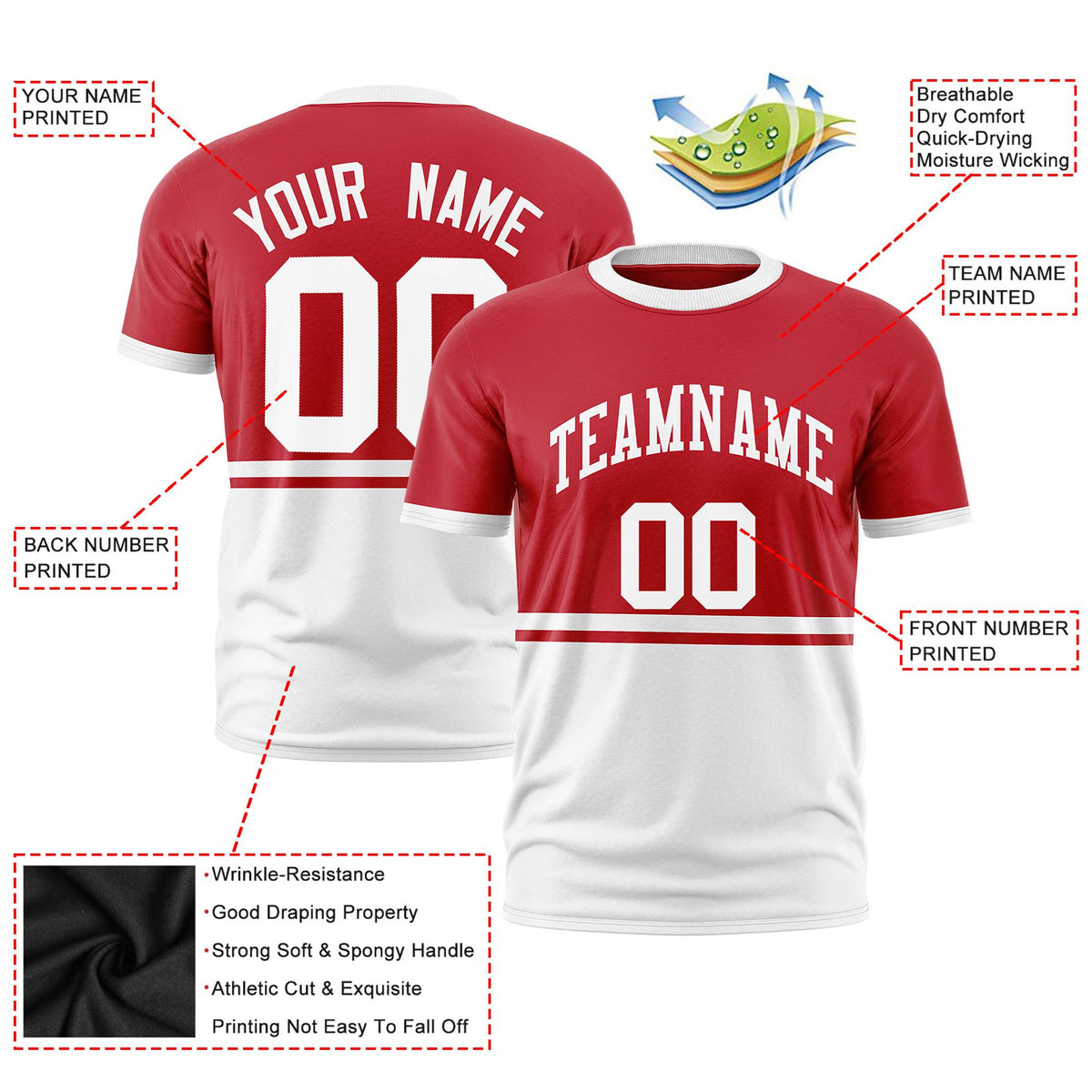 Custom Red White-White Crew neck Color Block Design Performance T-Shirt