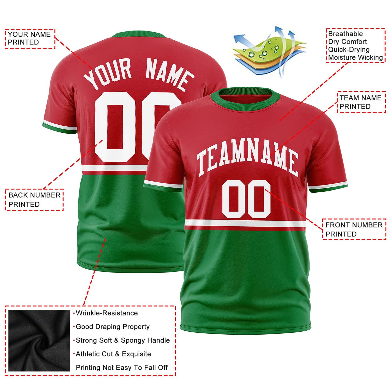 Custom Red White-Kelly Green Crew neck Color Block Design Performance T-Shirt
