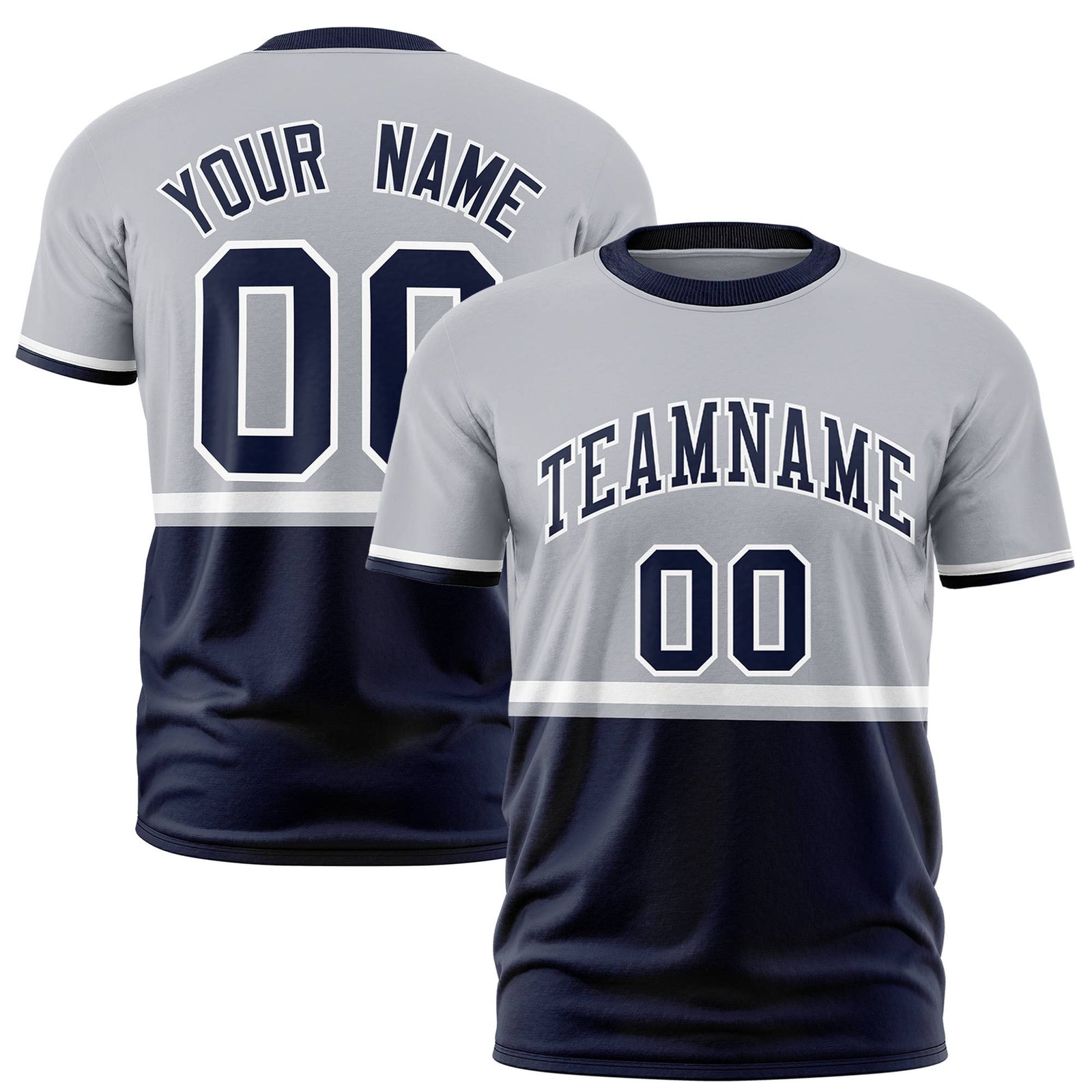Custom Gray White-Navy Crew neck Color Block Design Performance T-Shirt