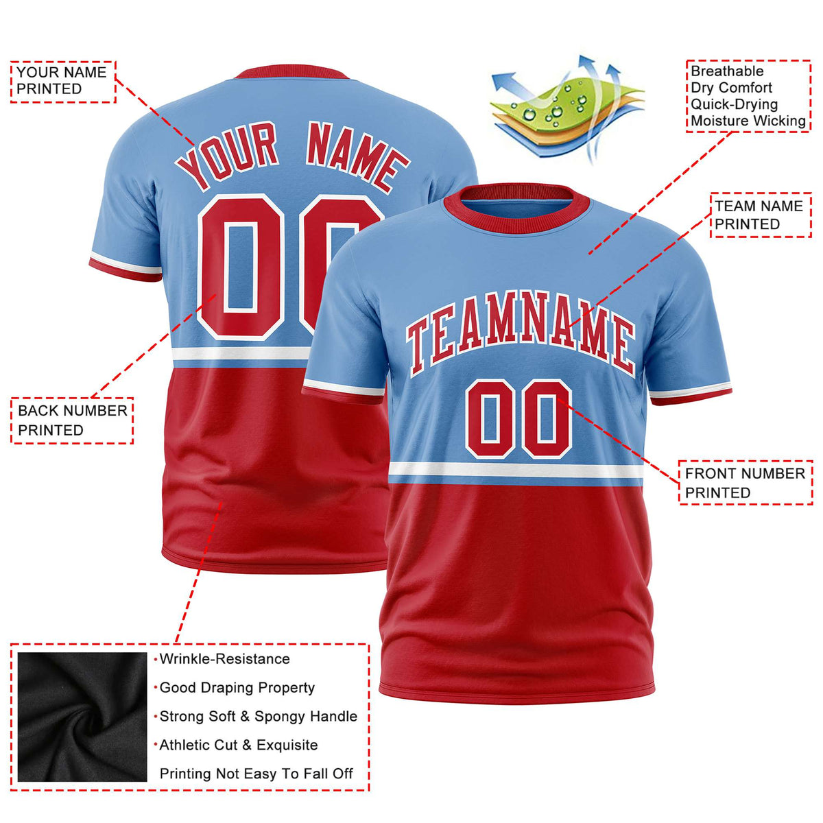 Custom Light Blue White-Red Crew neck Color Block Design Performance T-Shirt