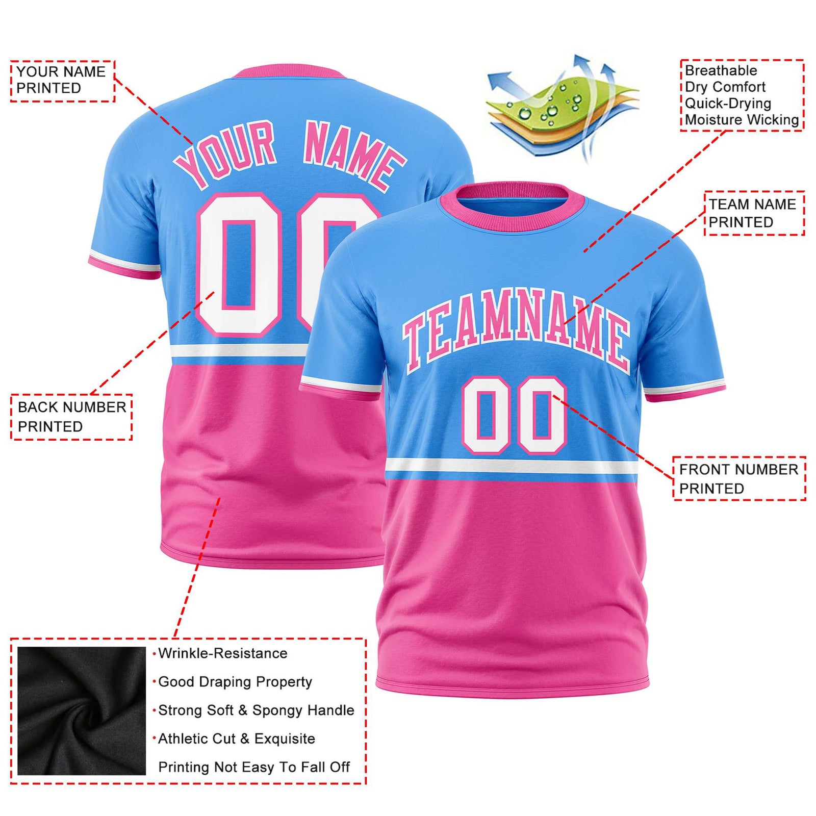 Custom Powder Blue White-Pink Crew neck Color Block Design Performance T-Shirt