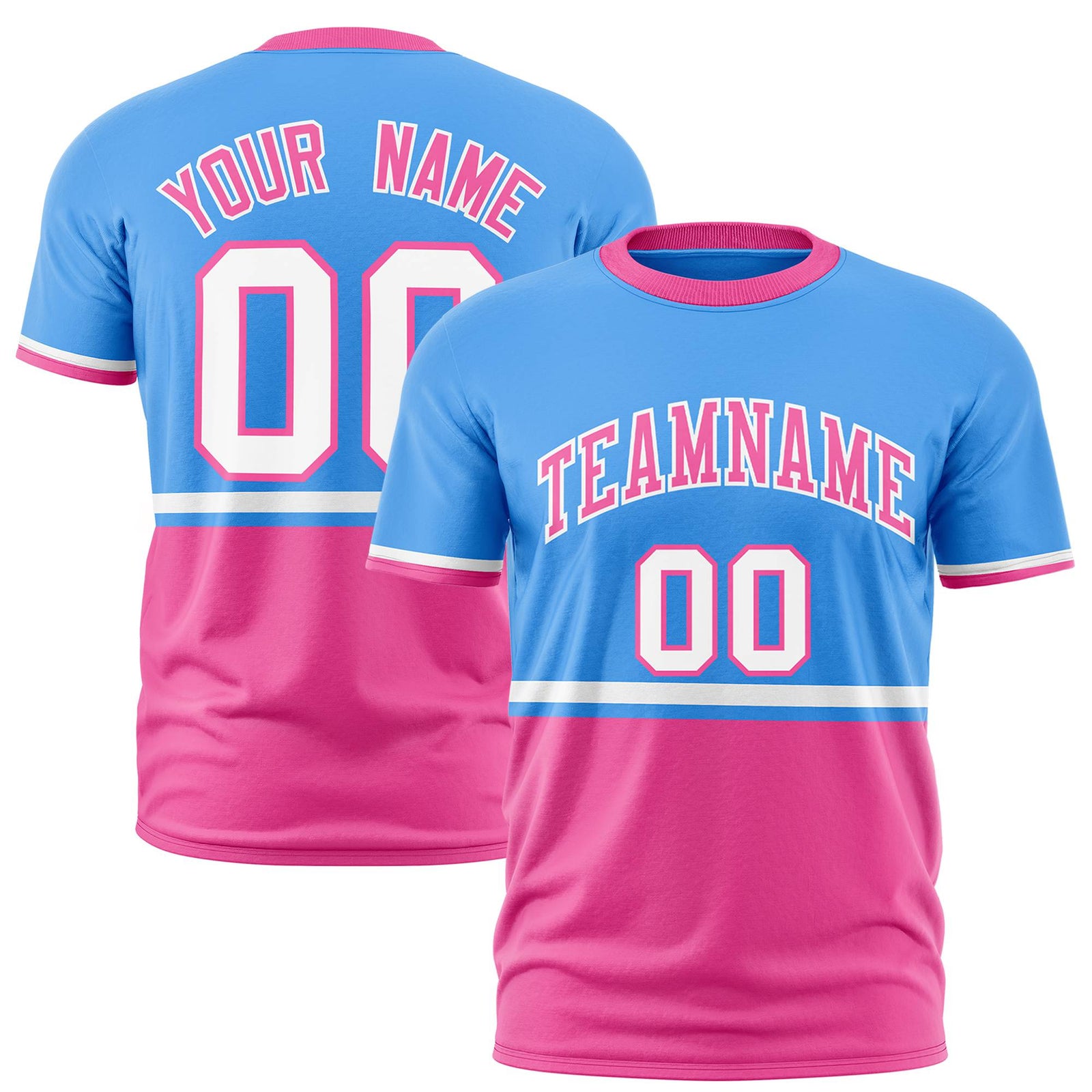 Custom Powder Blue White-Pink Crew neck Color Block Design Performance T-Shirt