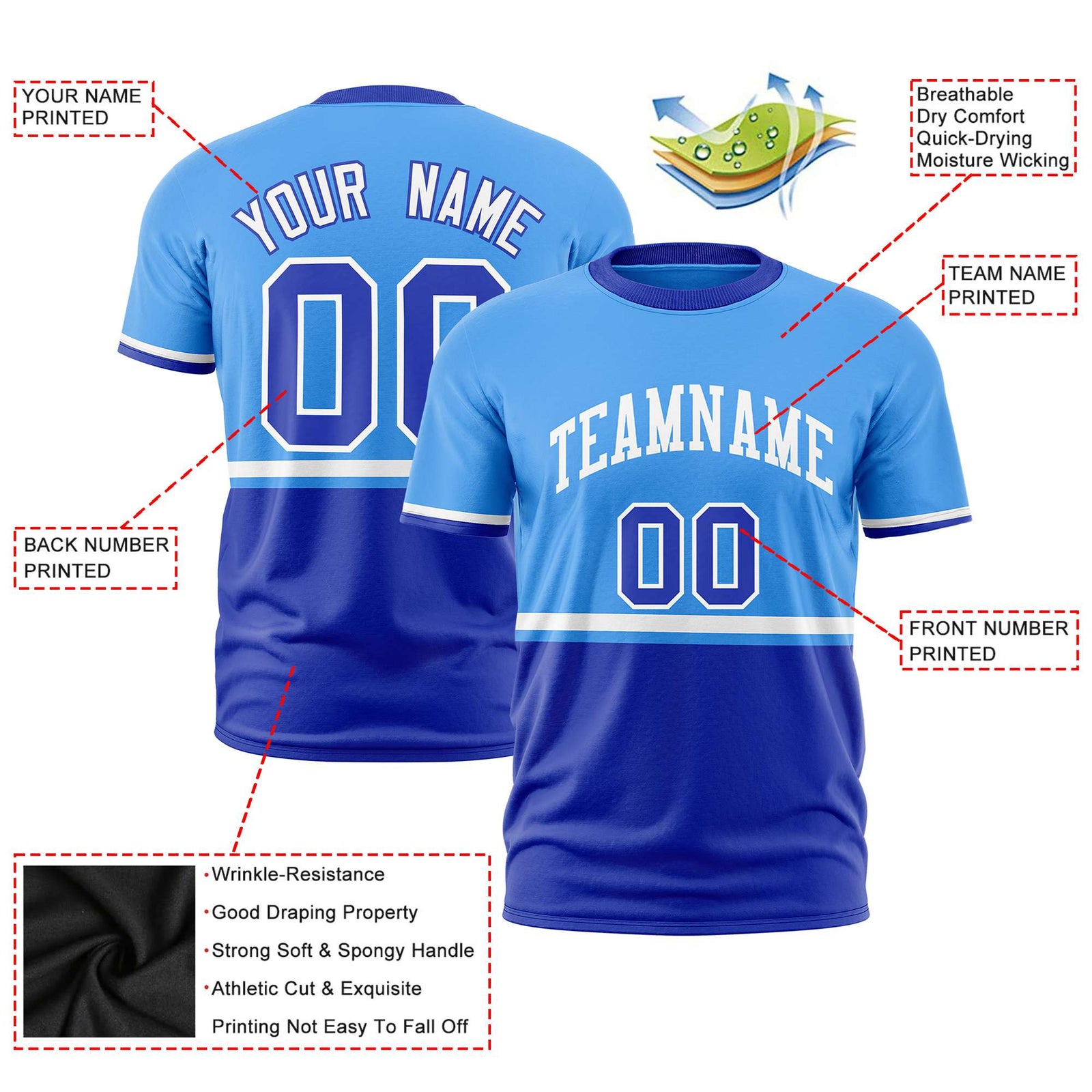 Custom Powder Blue White-Royal Blue Crew neck Color Block Design Performance T-Shirt