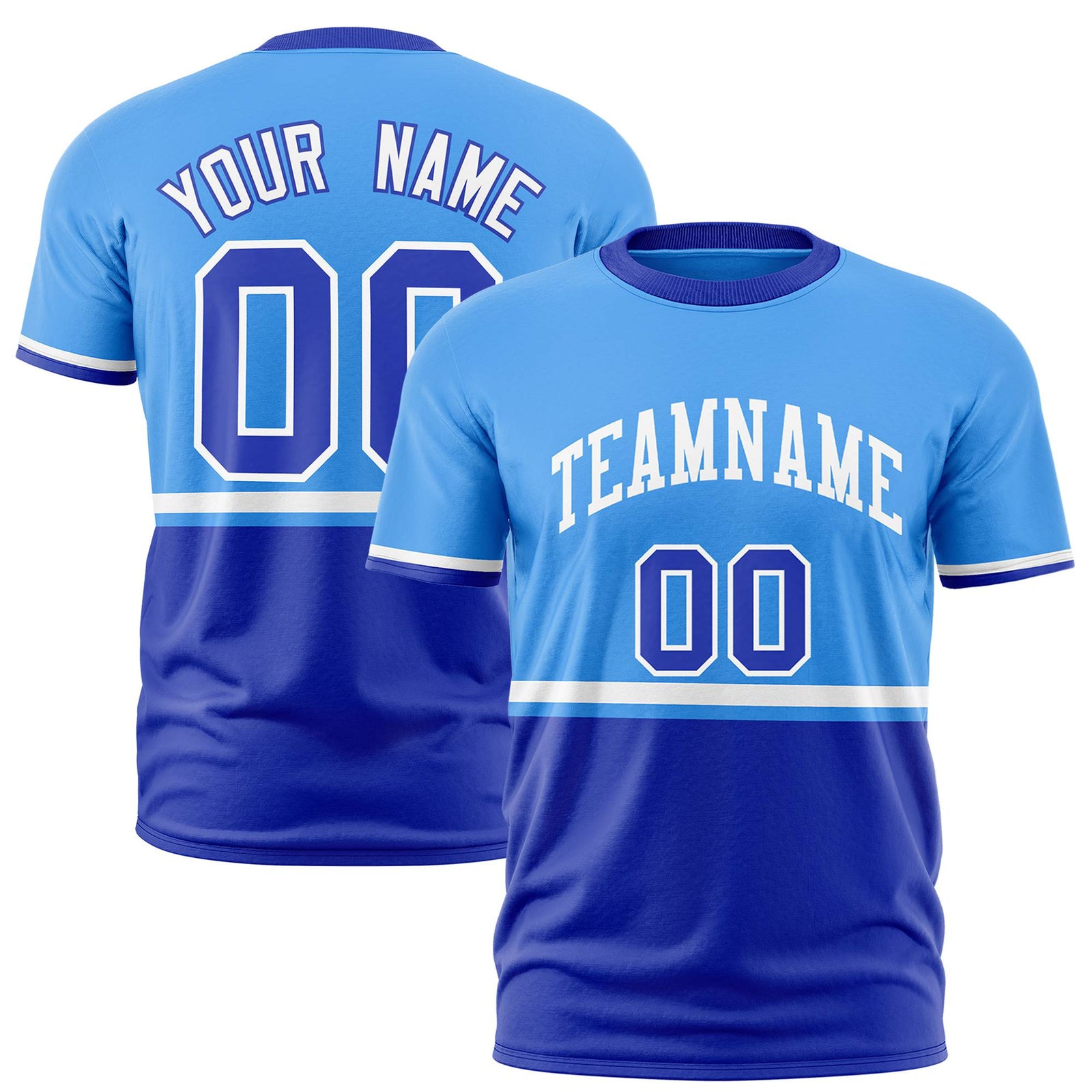 Custom Powder Blue White-Royal Blue Crew neck Color Block Design Performance T-Shirt