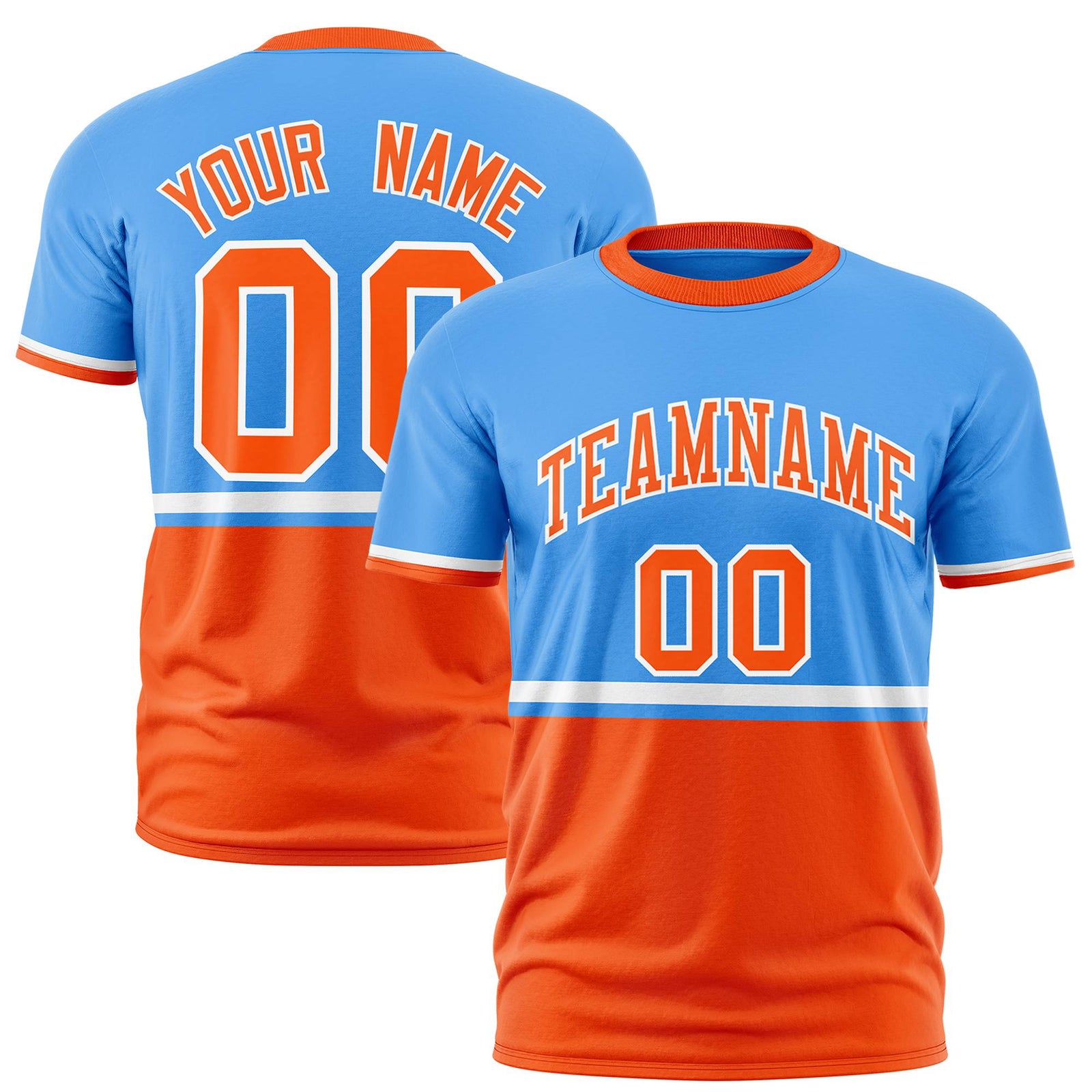 Custom Powder Blue White-Orange Crew neck Color Block Design Performance T-Shirt