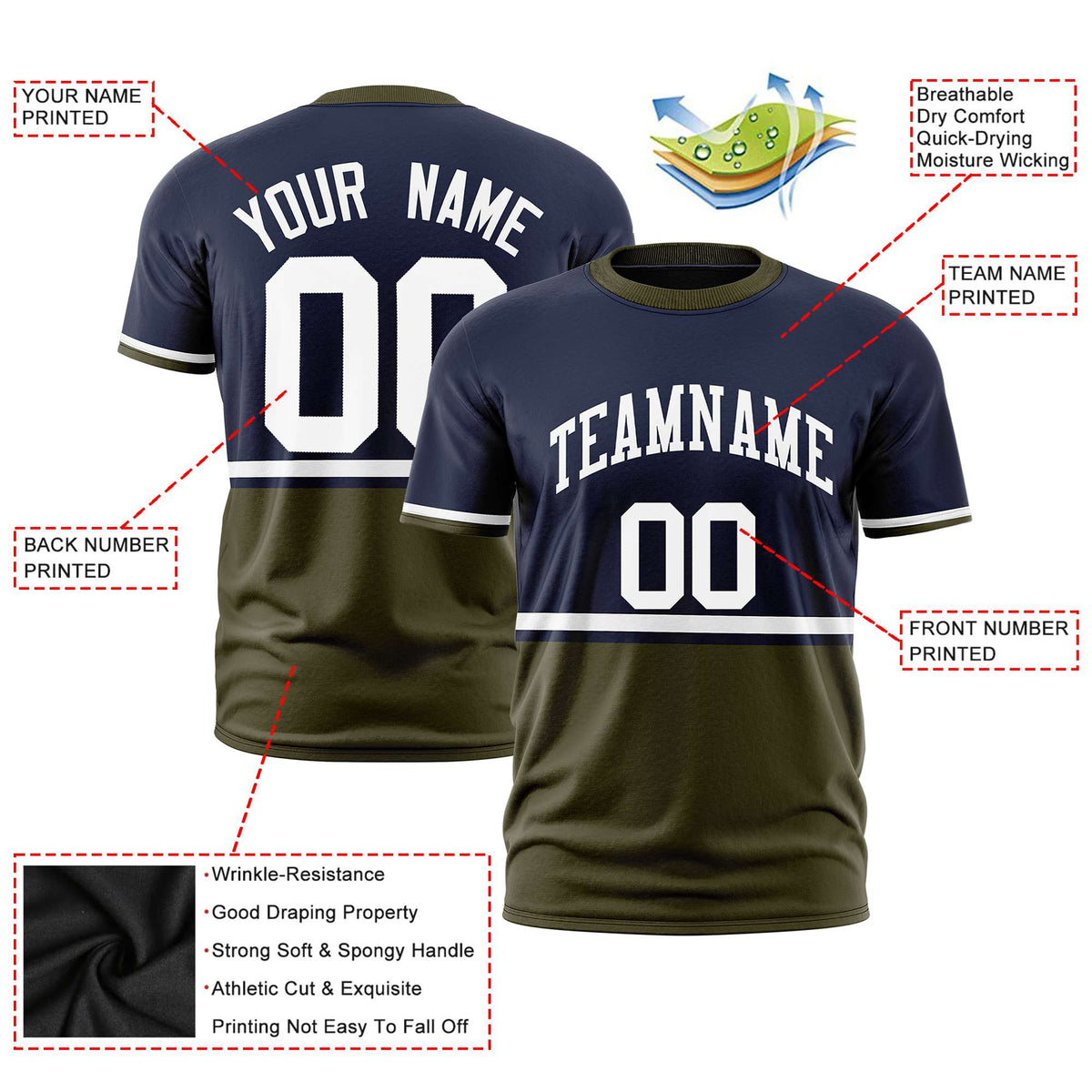 Custom Navy White-Olive Crew neck Color Block Design Performance T-Shirt