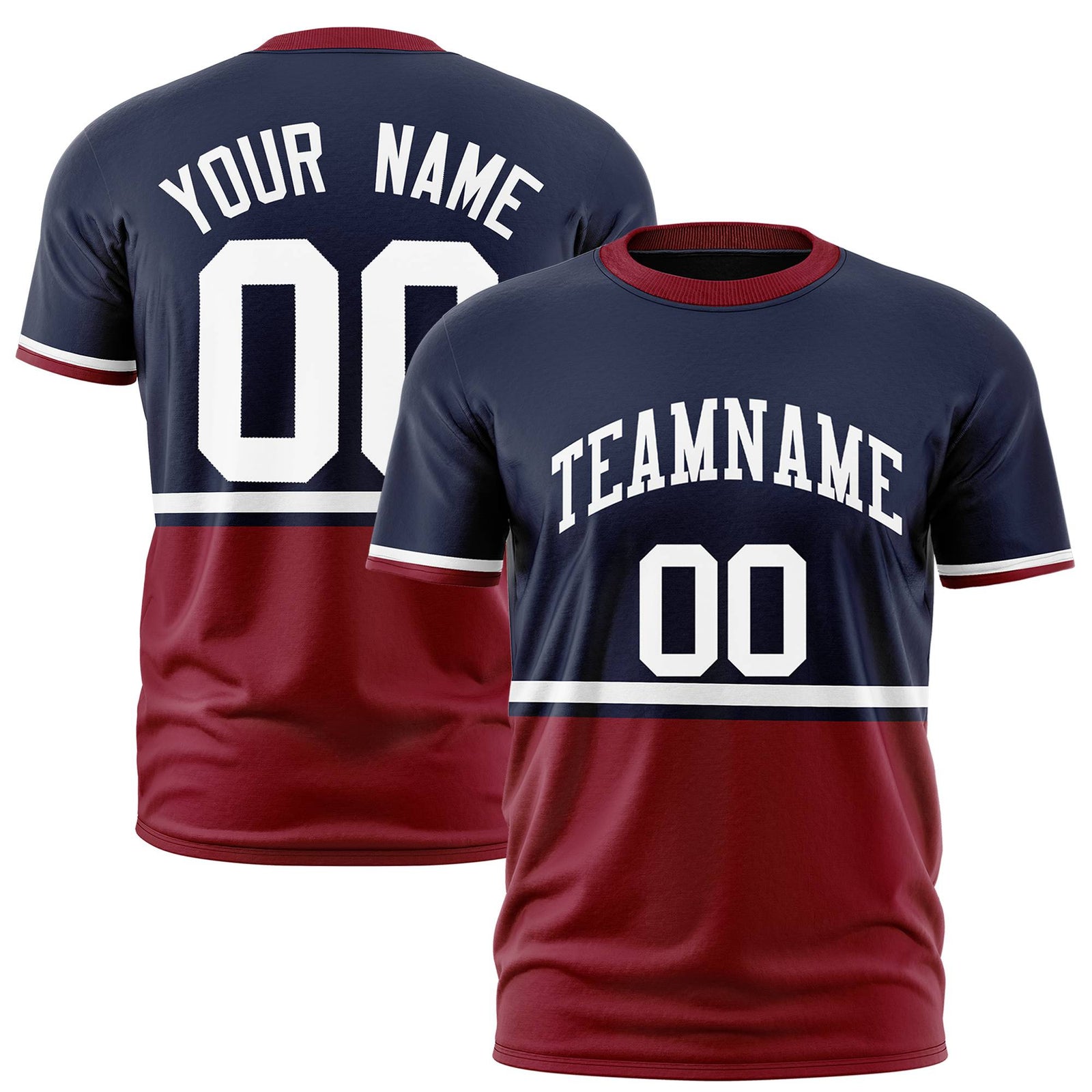 Custom Navy White-Crimson Crew neck Color Block Design Performance T-Shirt