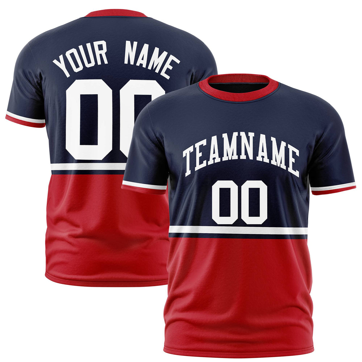 Custom Navy White-Red Crew neck Color Block Design Performance T-Shirt
