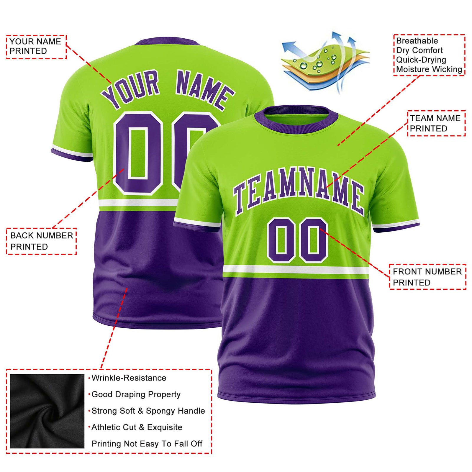 Custom Neon Green White-Purple Crew neck Color Block Design Performance T-Shirt