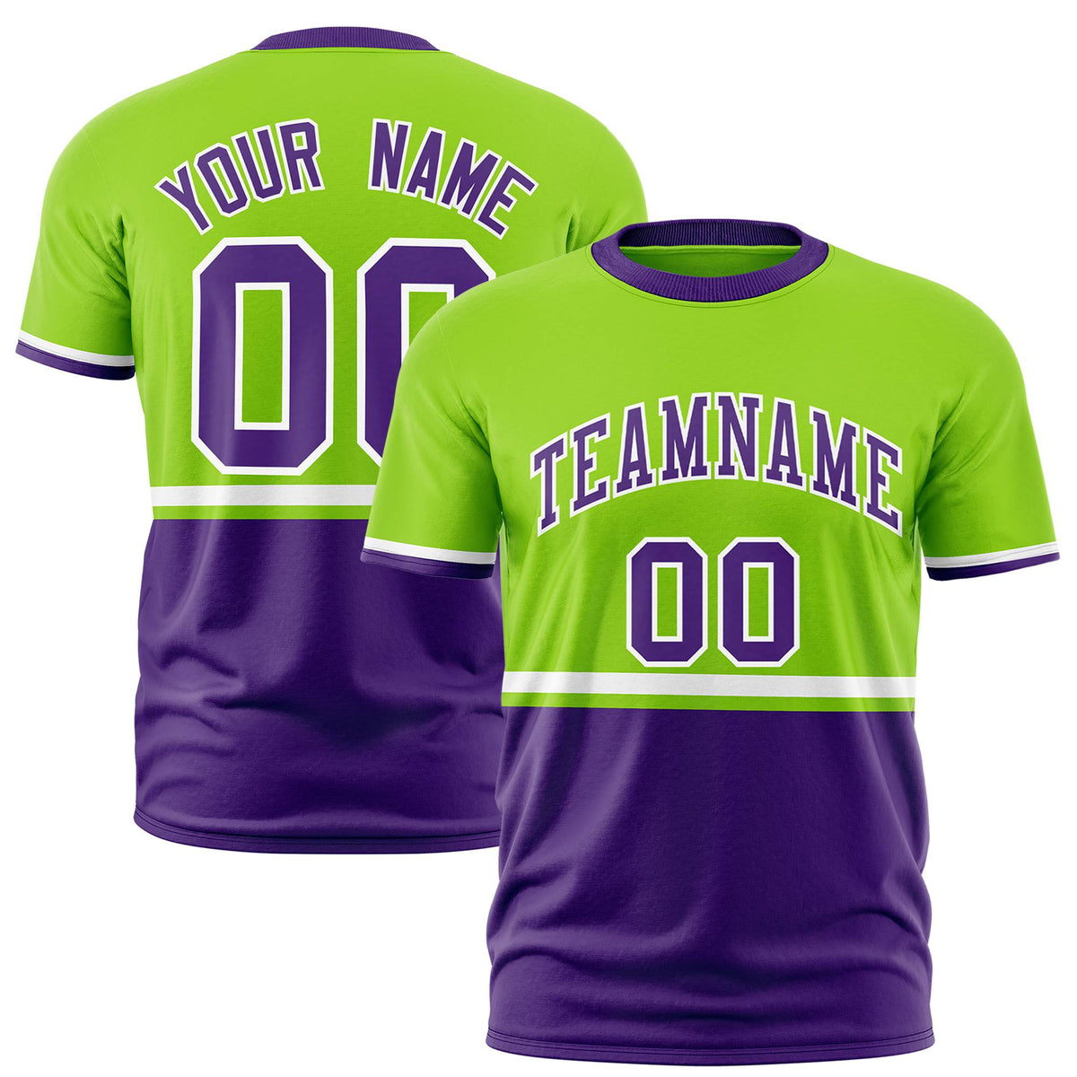 Custom Neon Green White-Purple Crew neck Color Block Design Performance T-Shirt