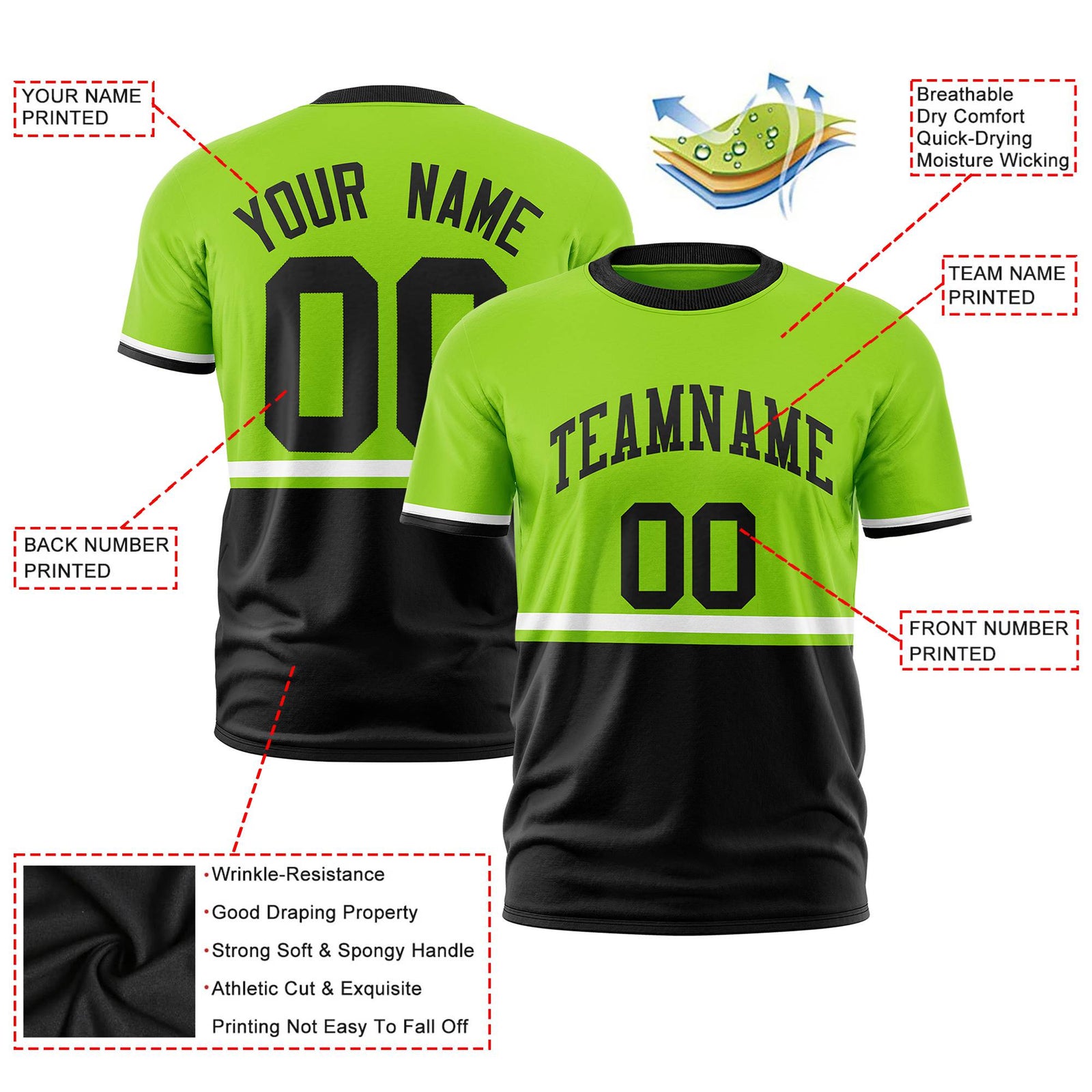 Custom Neon Green White-Black Crew neck Color Block Design Performance T-Shirt