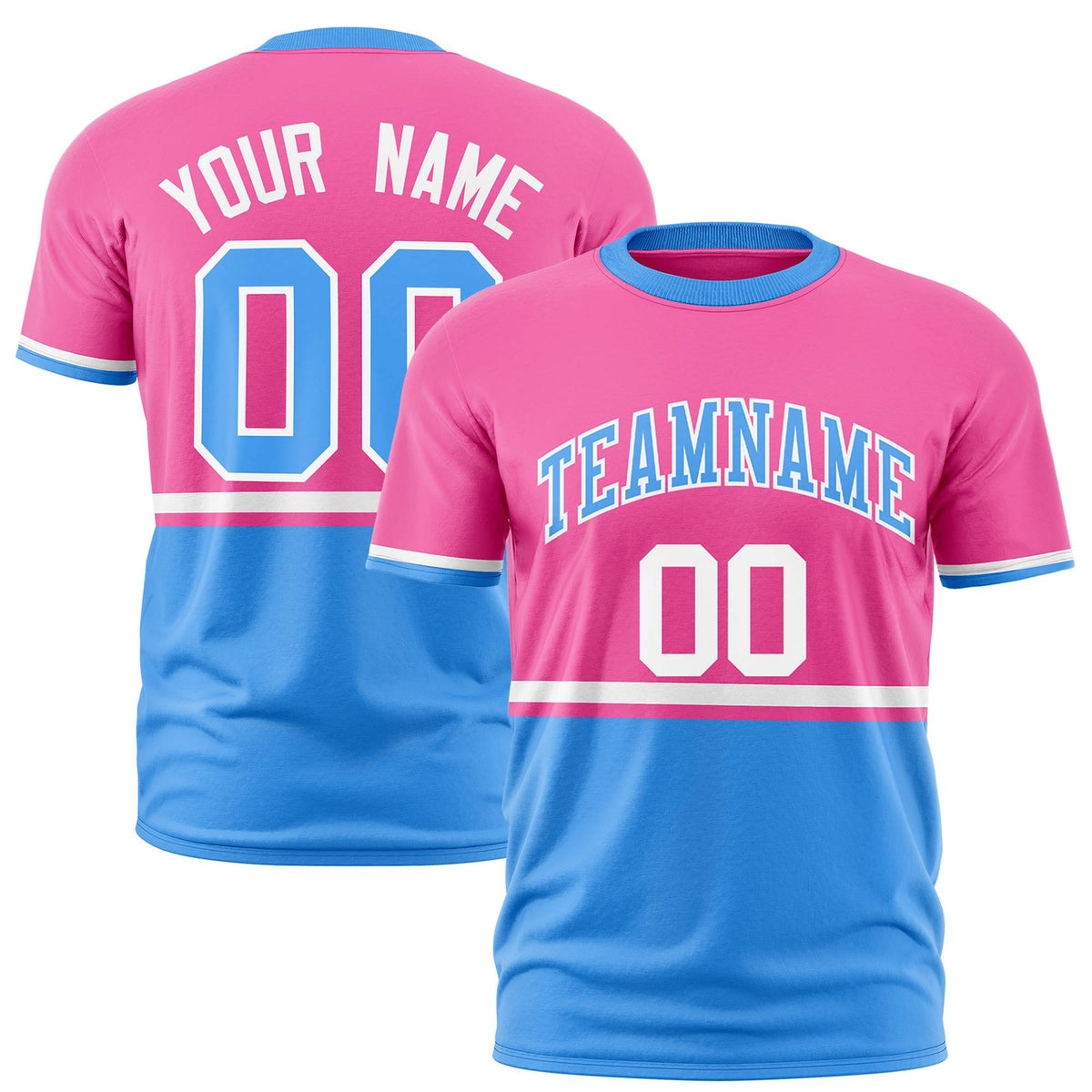 Custom Pink White-Powder Blue Crew neck Color Block Design Performance T-Shirt