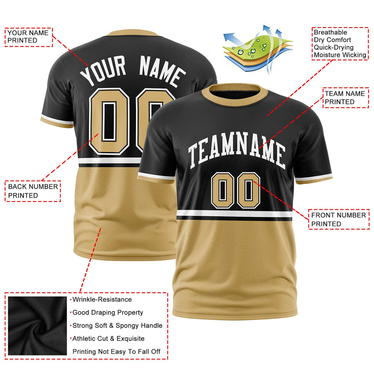 Custom Black White-Old Gold Crew neck Color Block Design Performance T-Shirt