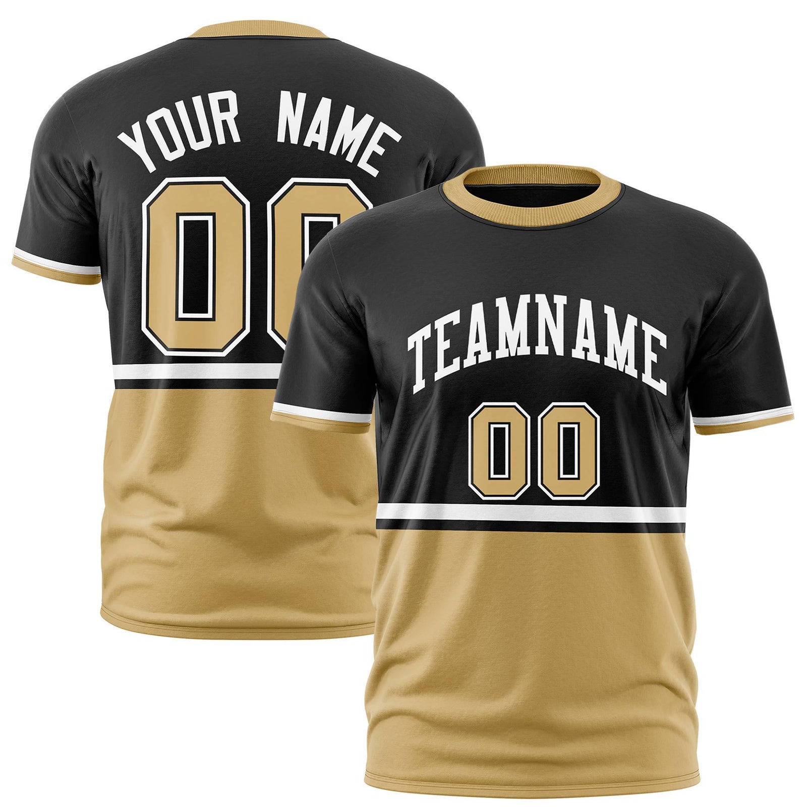 Custom Black White-Old Gold Crew neck Color Block Design Performance T-Shirt