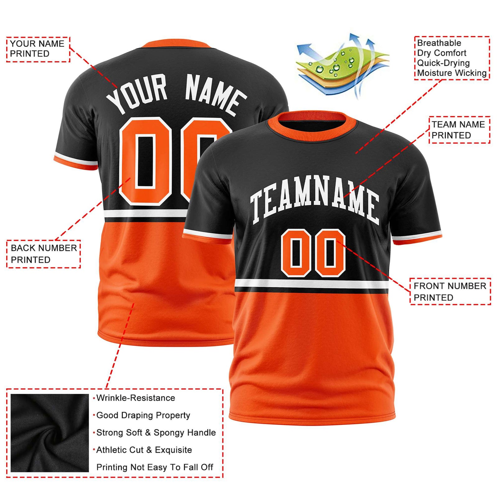 Custom Black White-Orange Crew neck Color Block Design Performance T-Shirt