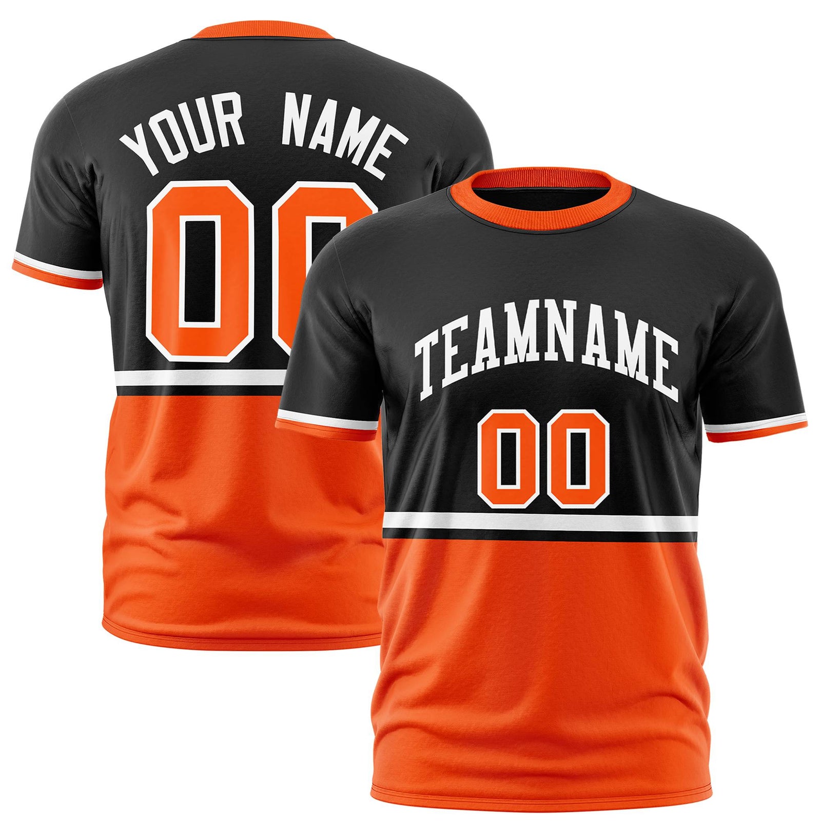 Custom Black White-Orange Crew neck Color Block Design Performance T-Shirt