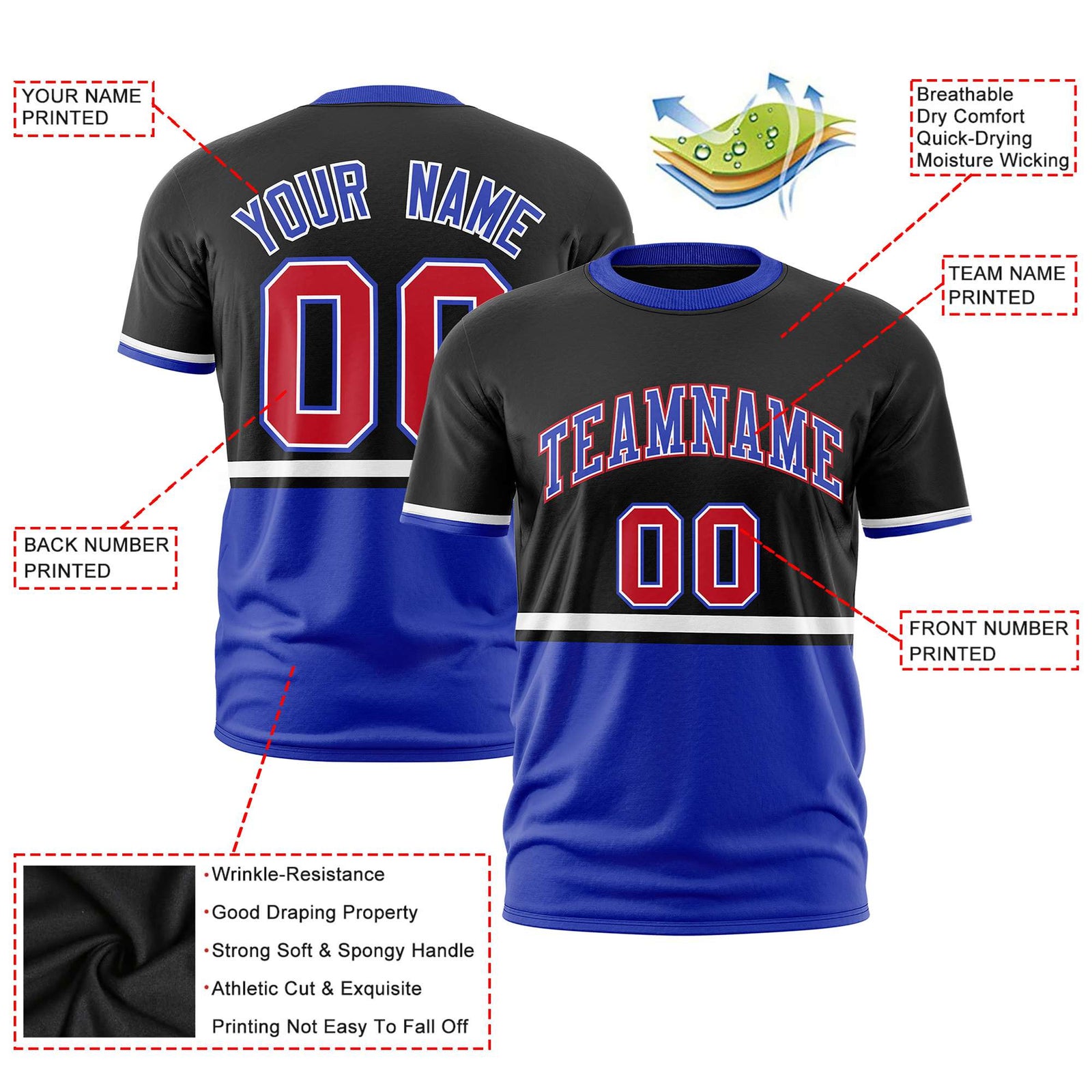 Custom Black White-Royal Blue Crew neck Color Block Design Performance T-Shirt