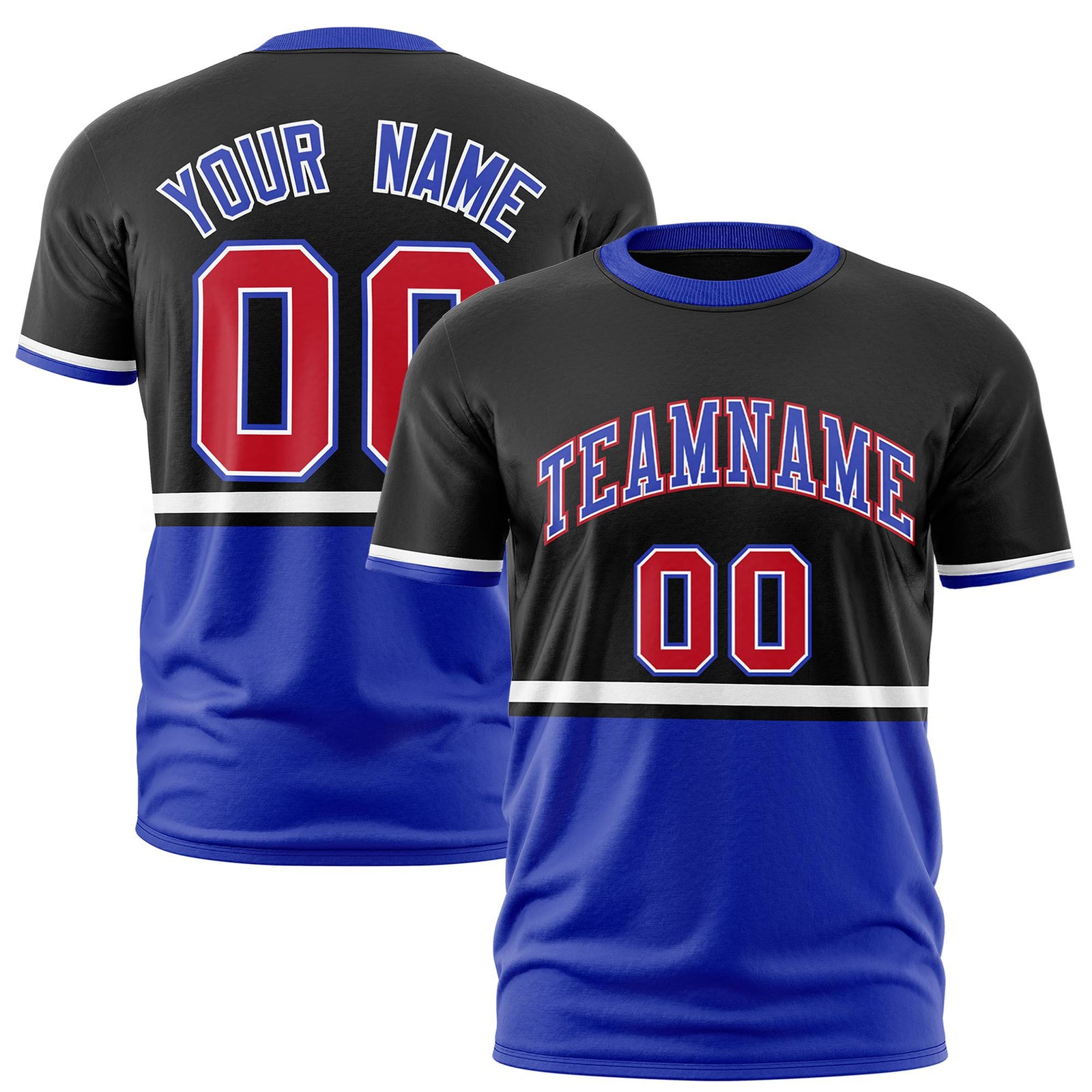 Custom Black White-Royal Blue Crew neck Color Block Design Performance T-Shirt