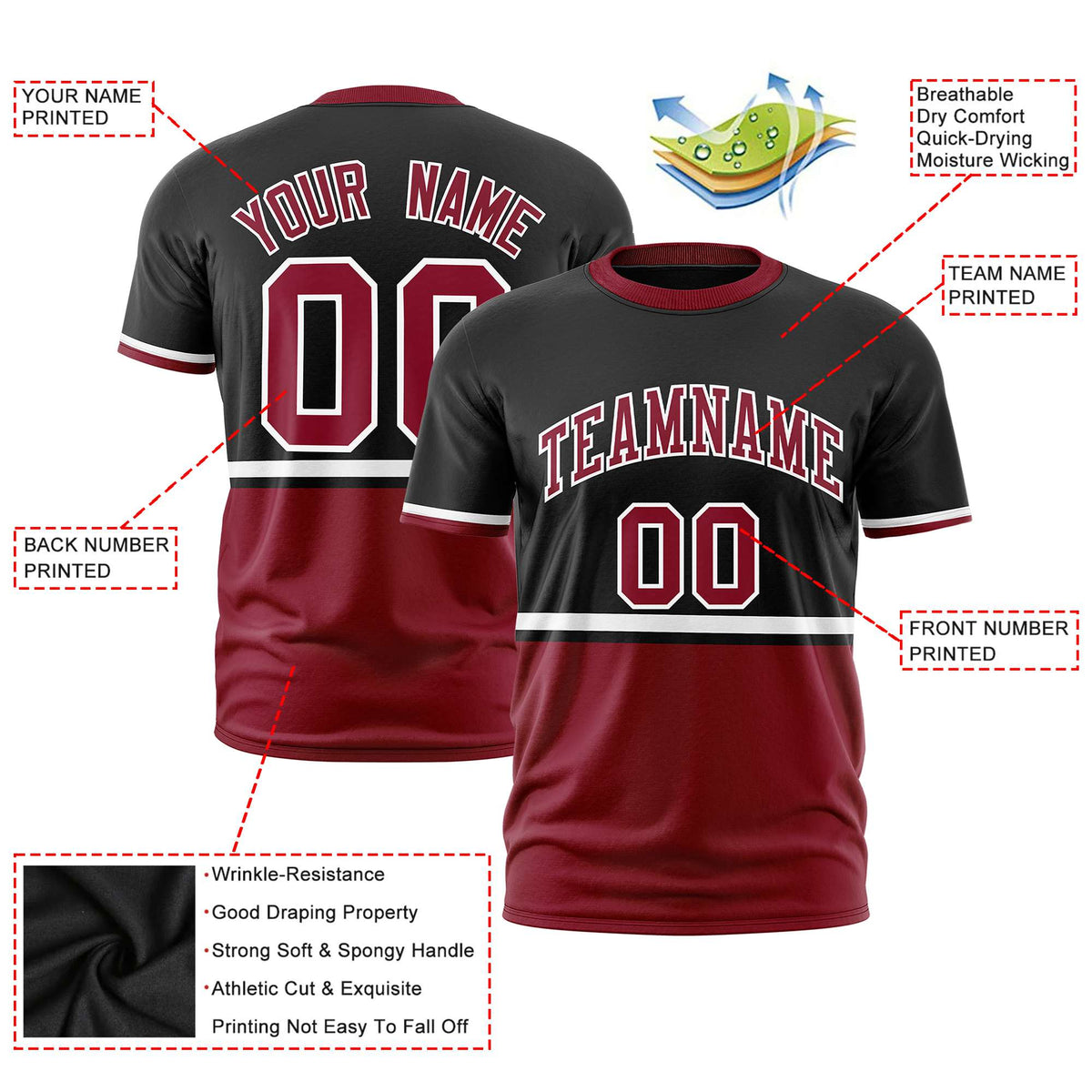 Custom Black White-Crimson Crew neck Color Block Design Performance T-Shirt