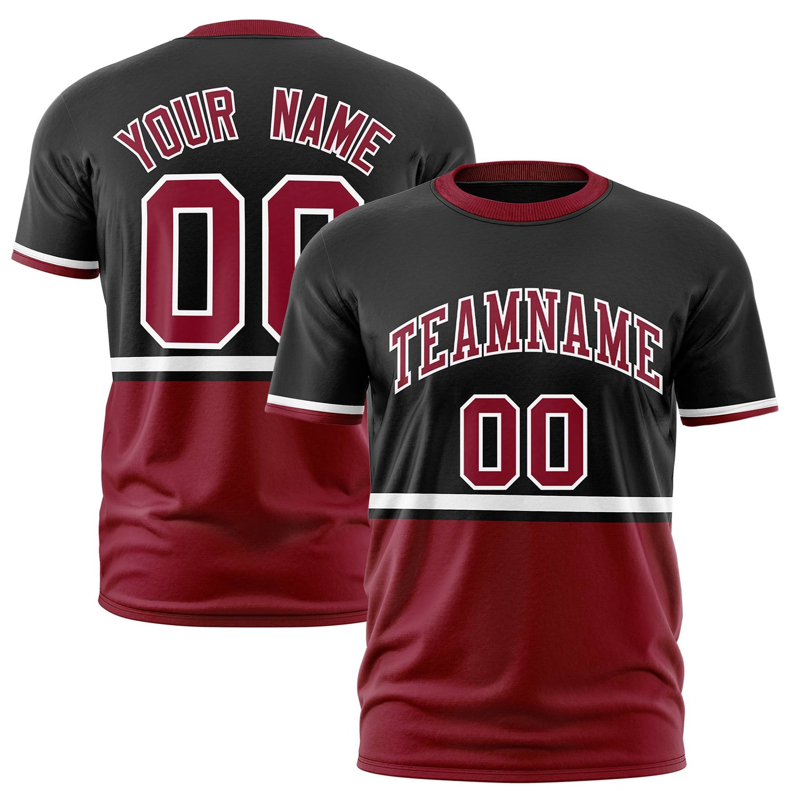 Custom Black White-Crimson Crew neck Color Block Design Performance T-Shirt