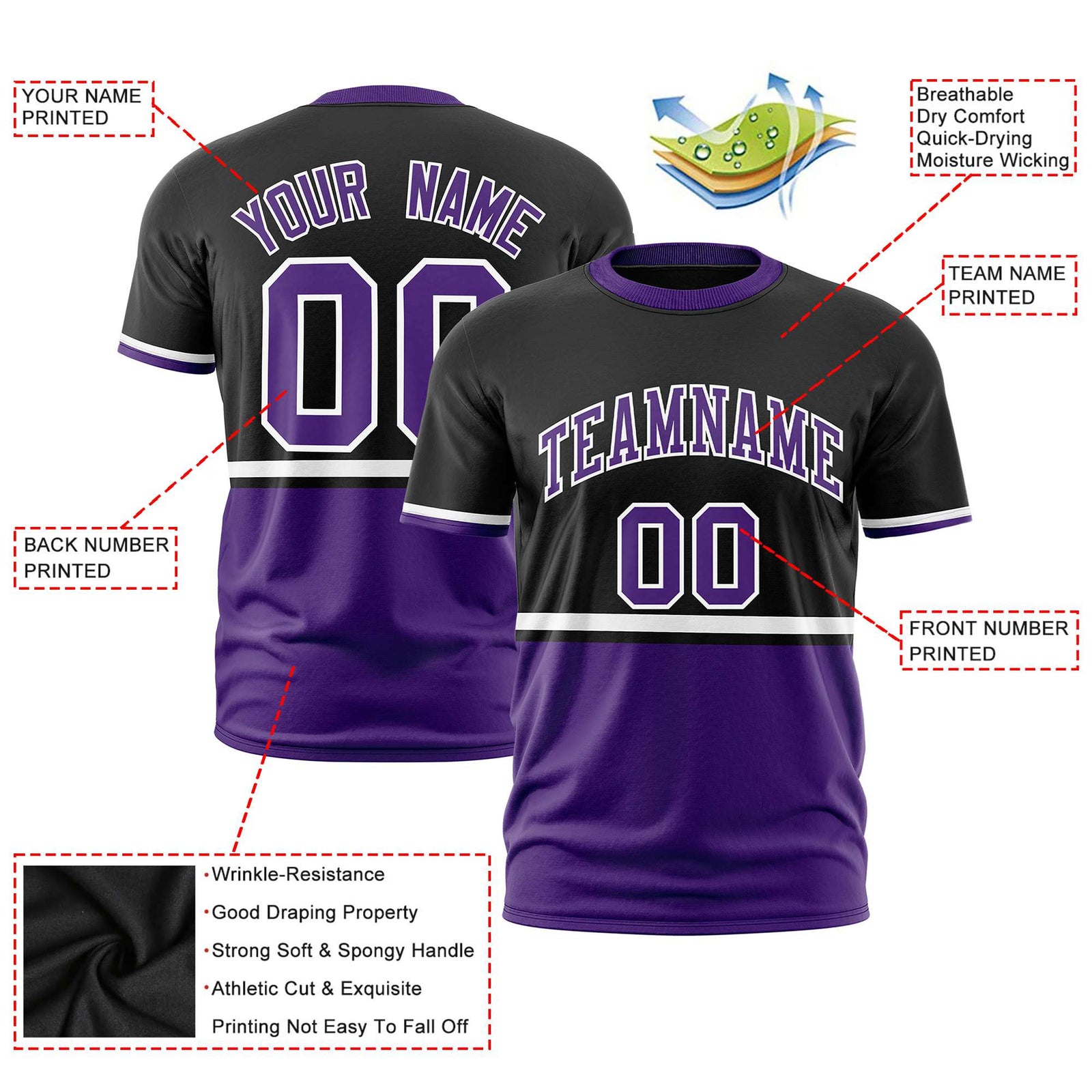 Custom Black White-Purple Crew neck Color Block Design Performance T-Shirt