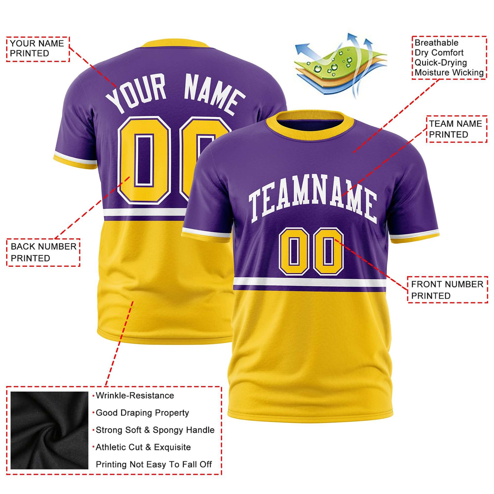 Custom Purple White-Gold-01 Crew neck Color Block Design Performance T-Shirt