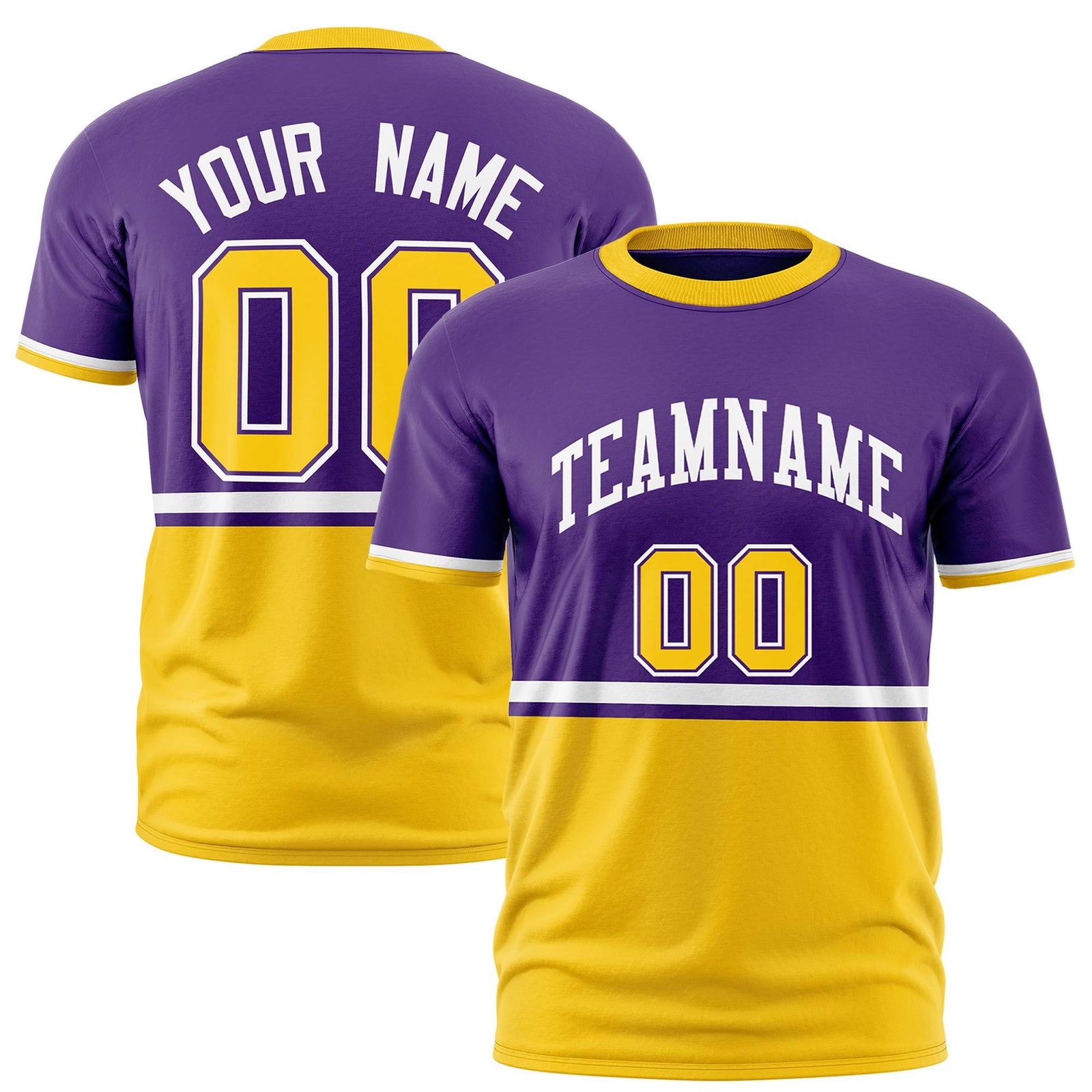 Custom Purple White-Gold-01 Crew neck Color Block Design Performance T-Shirt