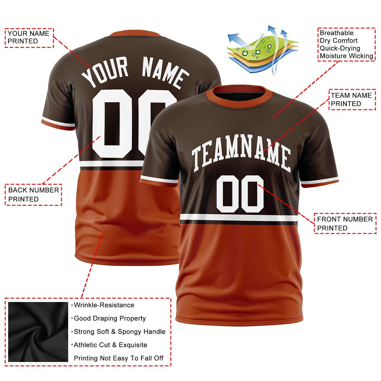 Custom Brown White-Orange Crew neck Color Block Design Performance T-Shirt