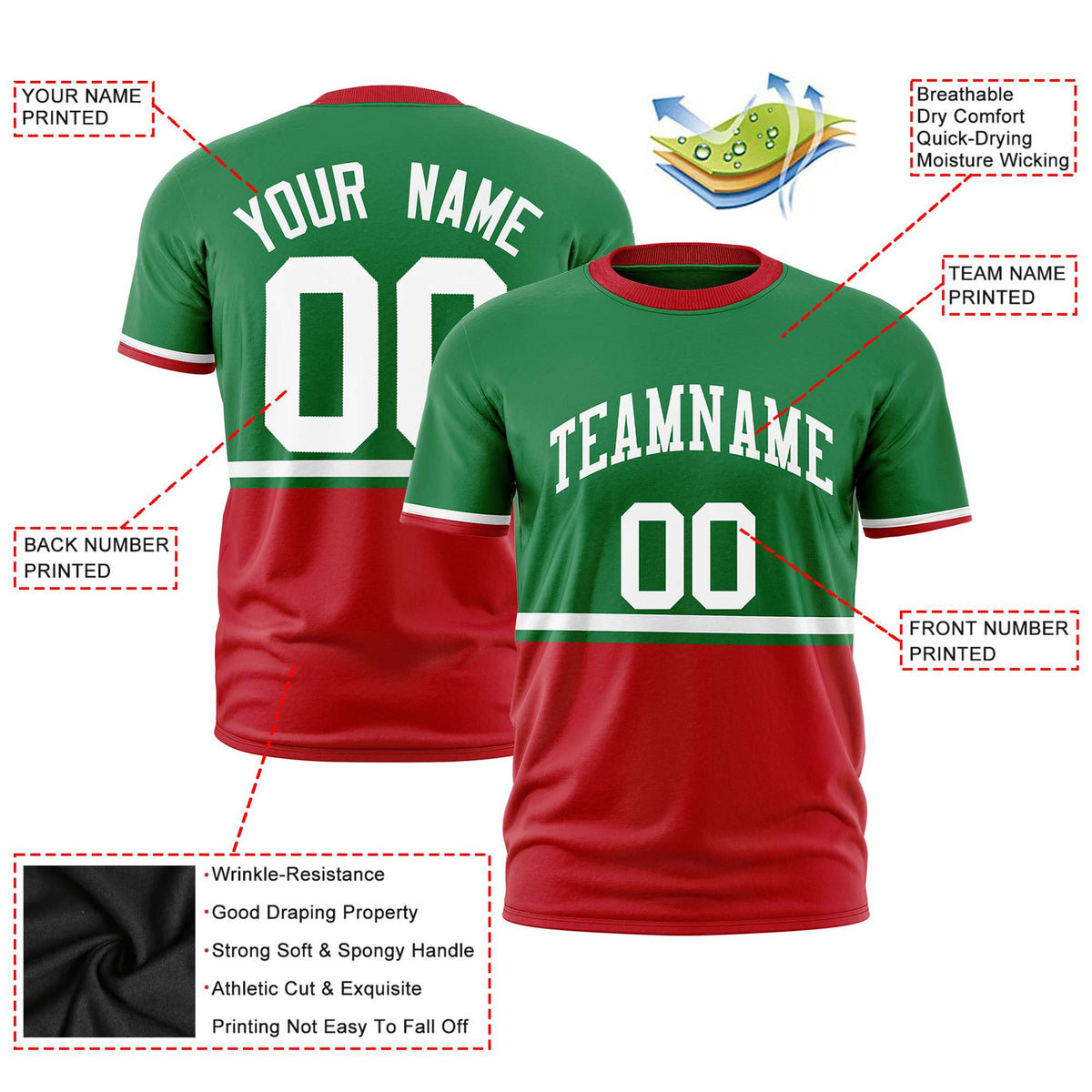 Custom Kelly Green White-Red Crew neck Color Block Design Performance T-Shirt