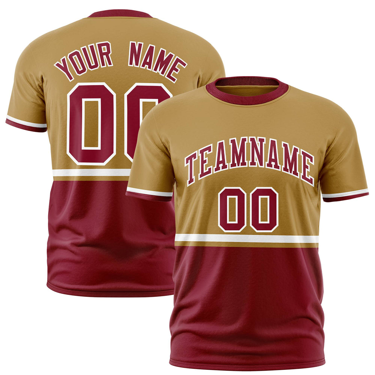 Custom Old Gold White-Crimson Crew neck Color Block Design Performance T-Shirt