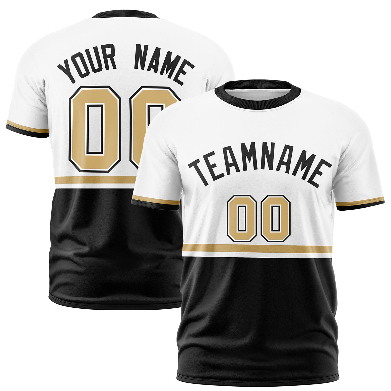 Custom White Old Gold-Black Crew neck Color Block Design Performance T-Shirt