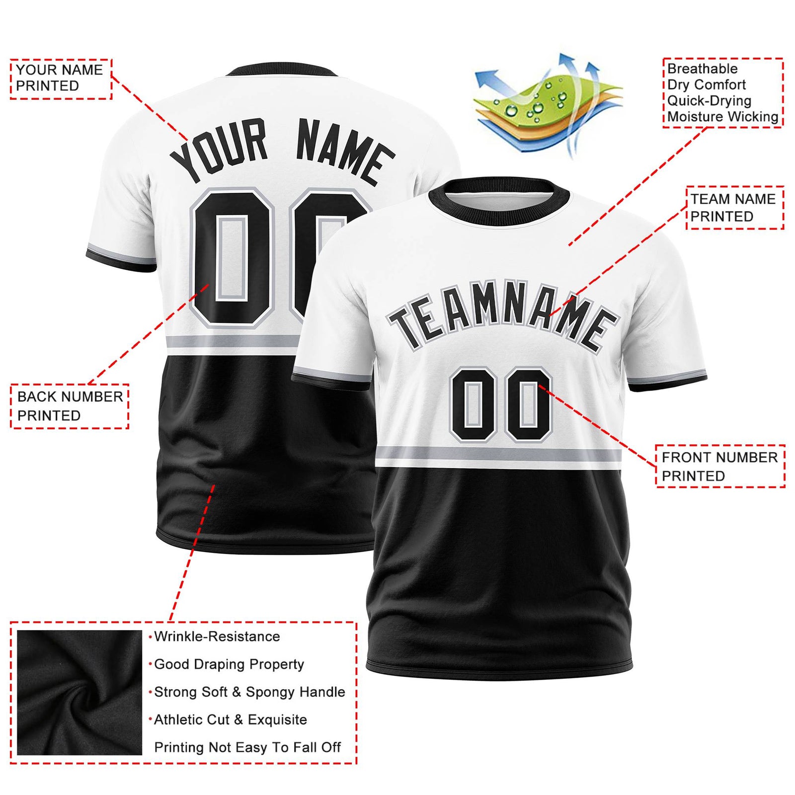 Custom White Gray-Black Crew neck Color Block Design Performance T-Shirt