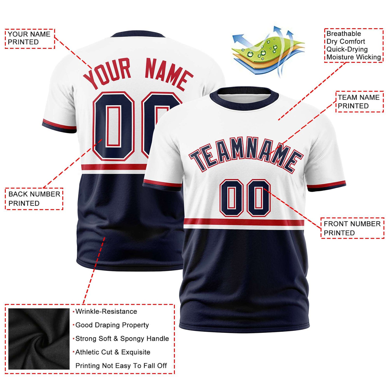 Custom White Red-Navy Crew neck Color Block Design Performance T-Shirt