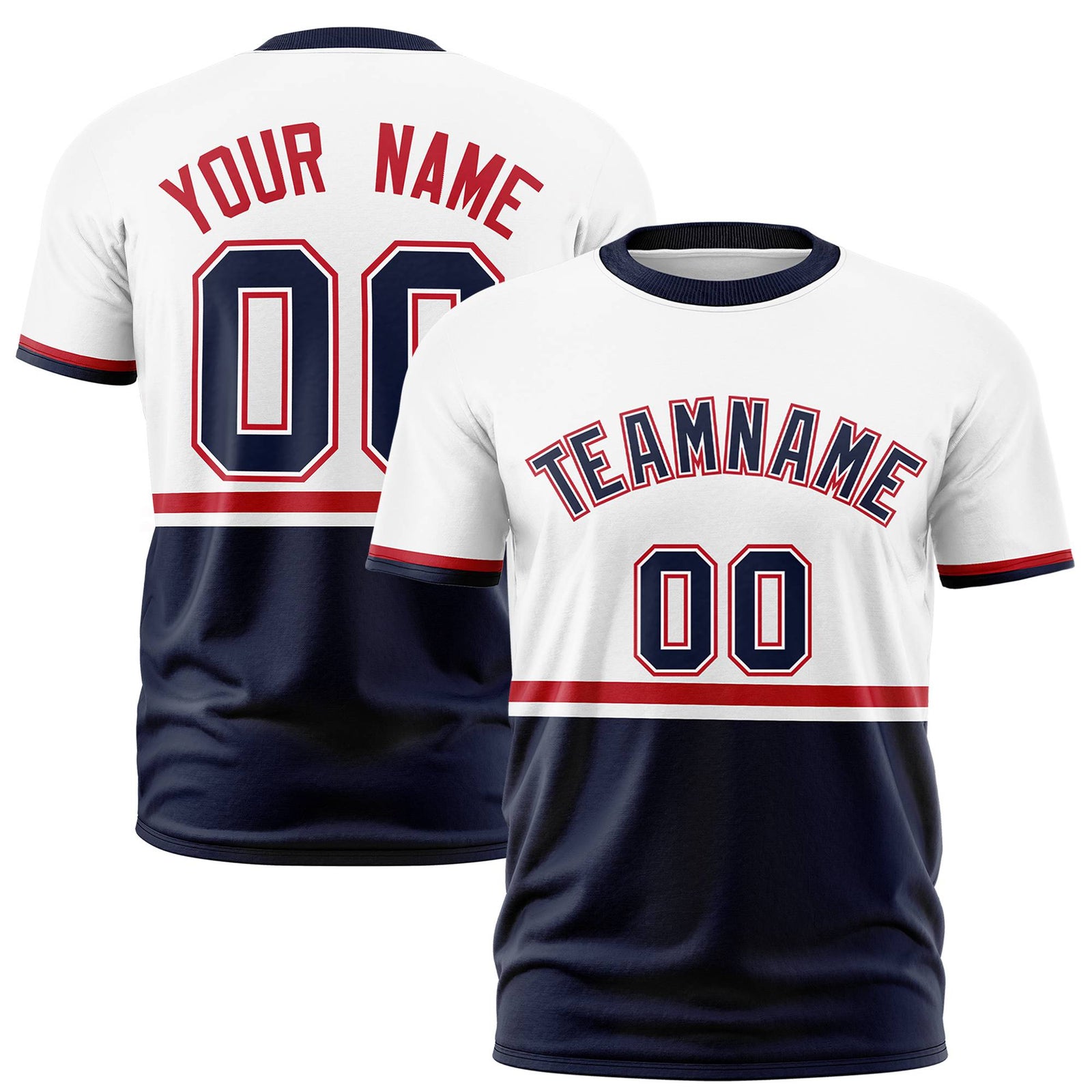 Custom White Red-Navy Crew neck Color Block Design Performance T-Shirt