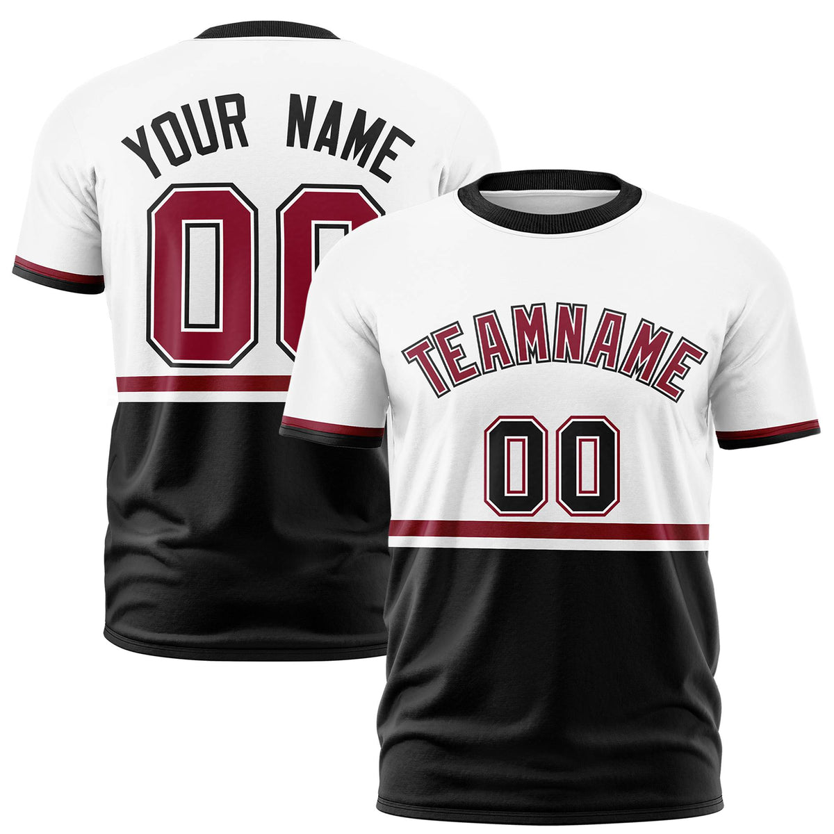 Custom White Crimson-Black Crew neck Color Block Design Performance T-Shirt