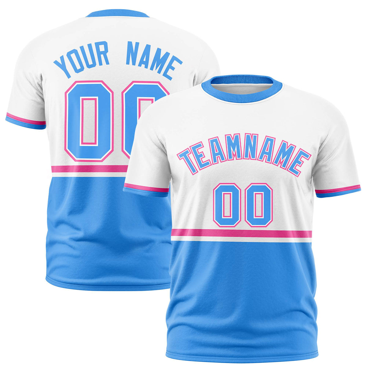 Custom White Pink-Powder Blue Crew neck Color Block Design Performance T-Shirt