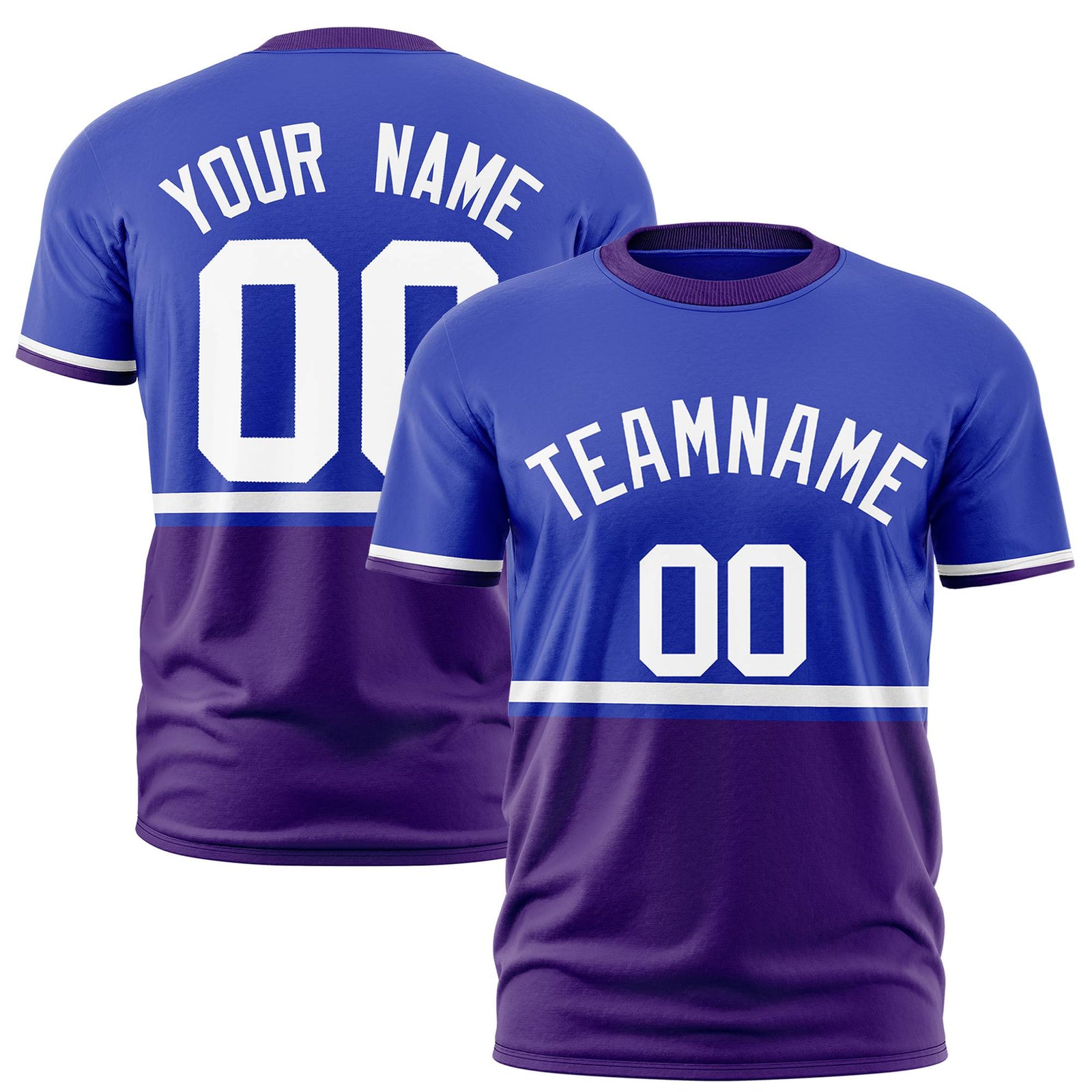 Custom Royal Blue White-Purple Crew neck Color Block Design Performance T-Shirt