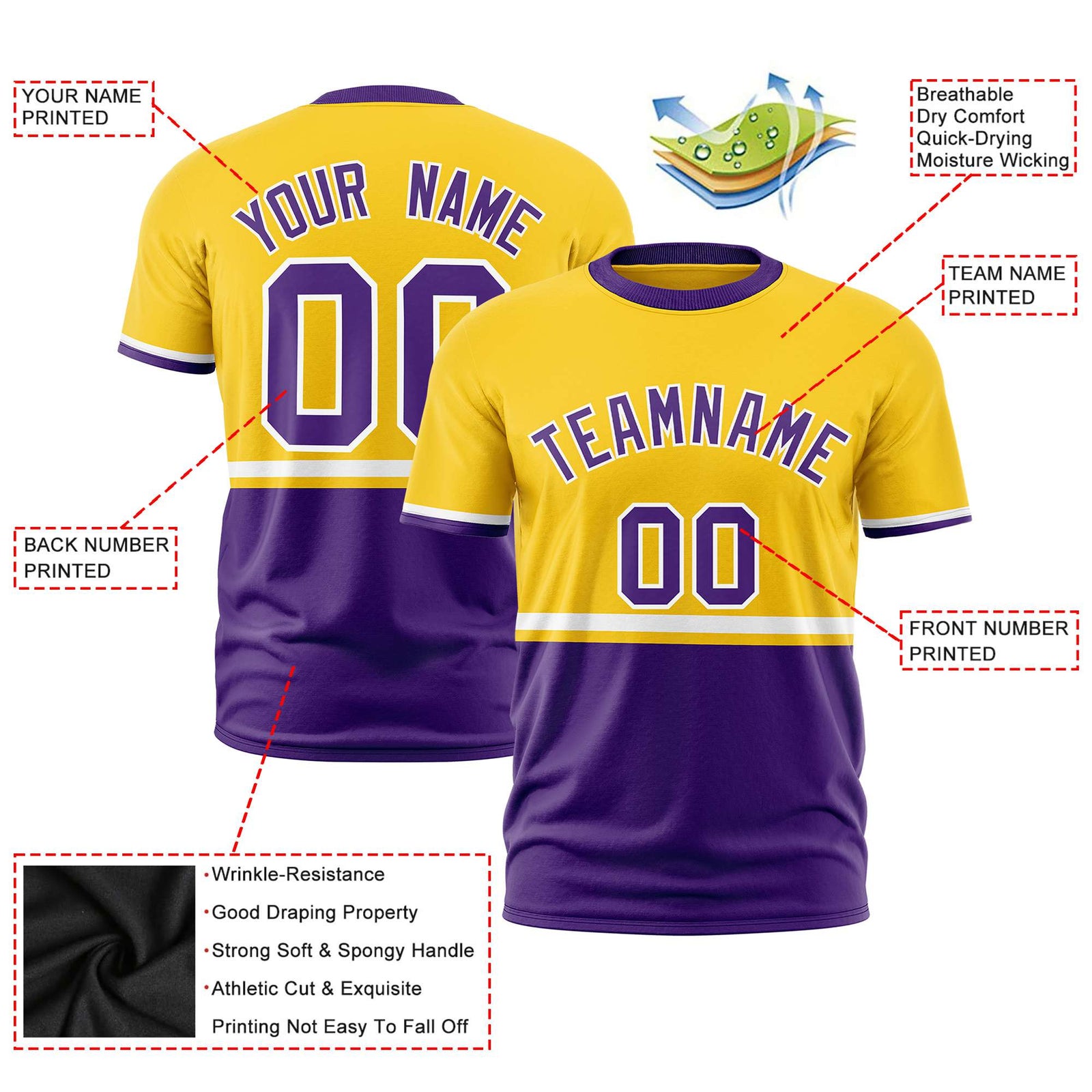 Custom Gold-01 White-Purple Crew neck Color Block Design Performance T-Shirt