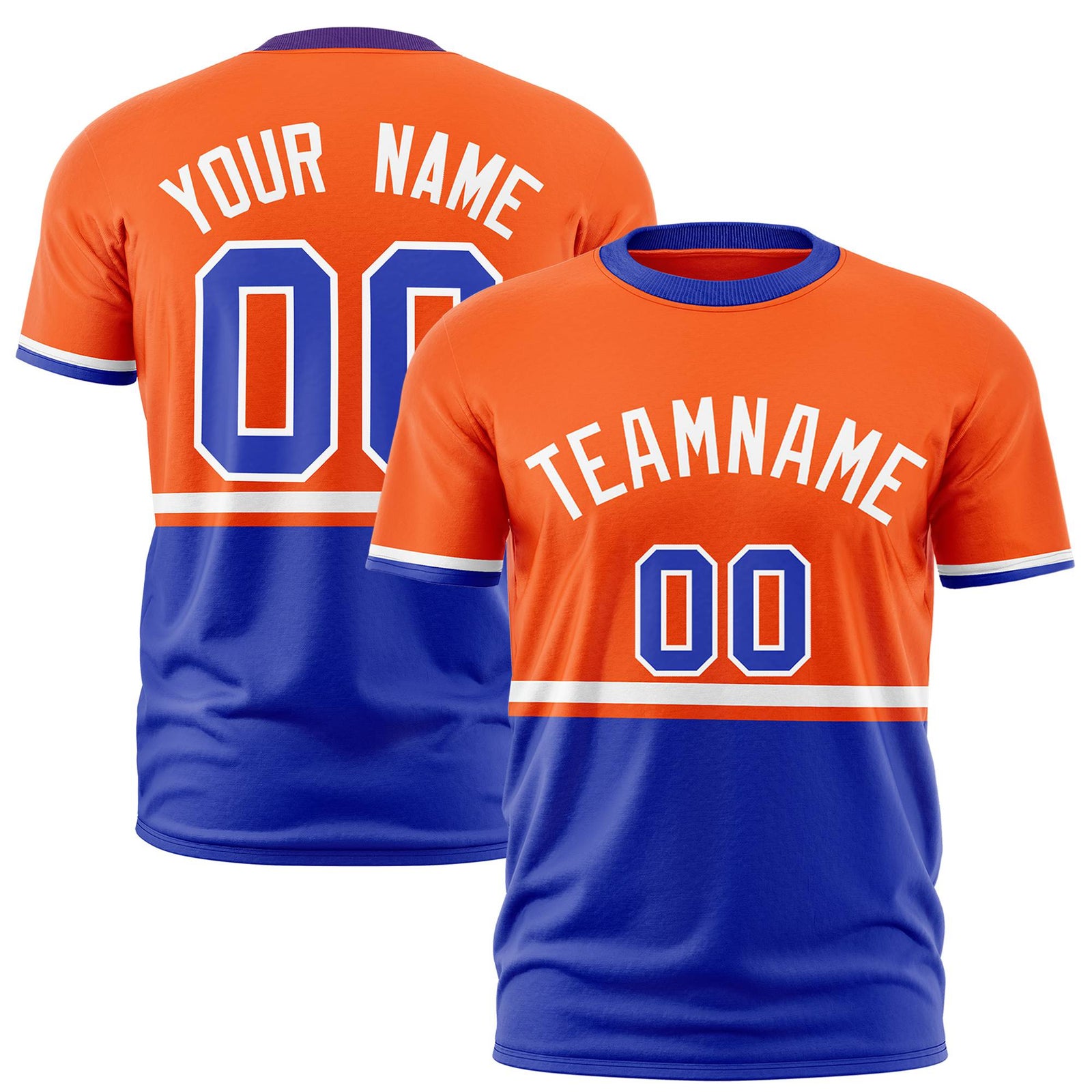 Custom Orange White-Royal Blue Crew neck Color Block Design Performance T-Shirt