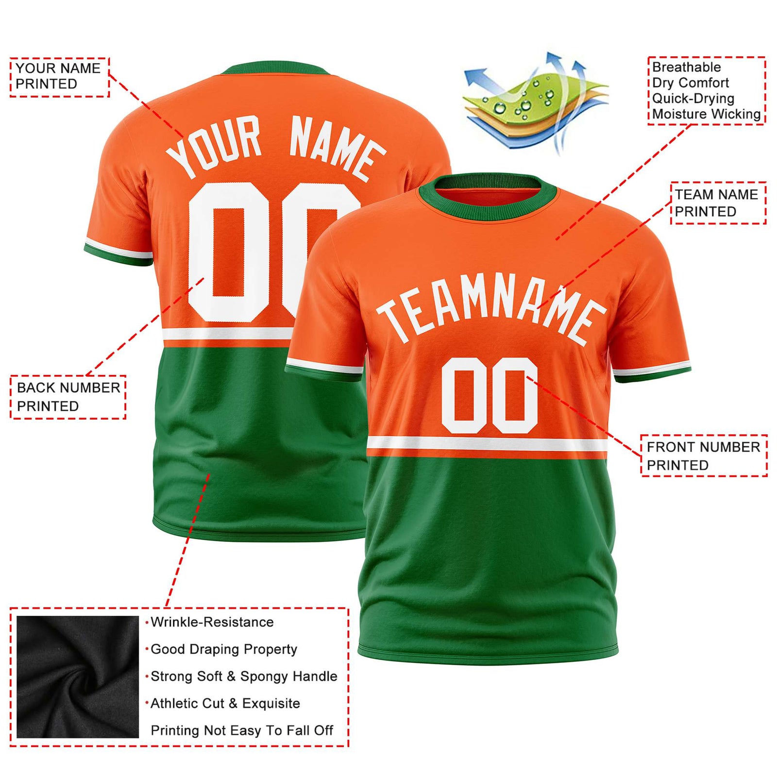 Custom Orange White-Kelly Green Crew neck Color Block Design Performance T-Shirt