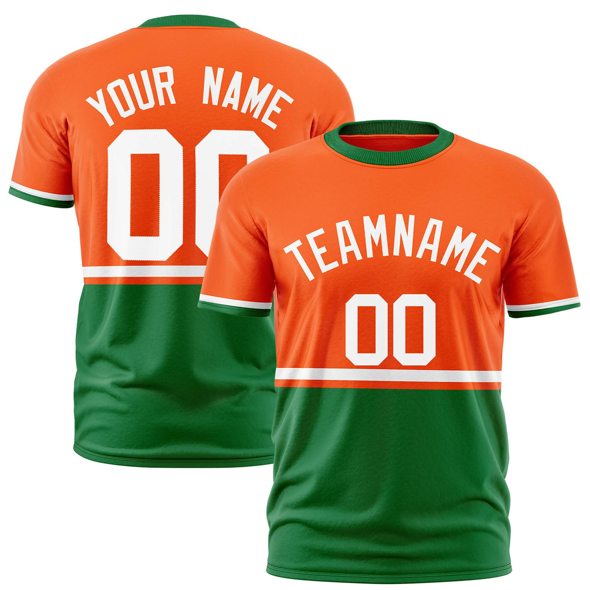 Custom Orange White-Kelly Green Crew neck Color Block Design Performance T-Shirt