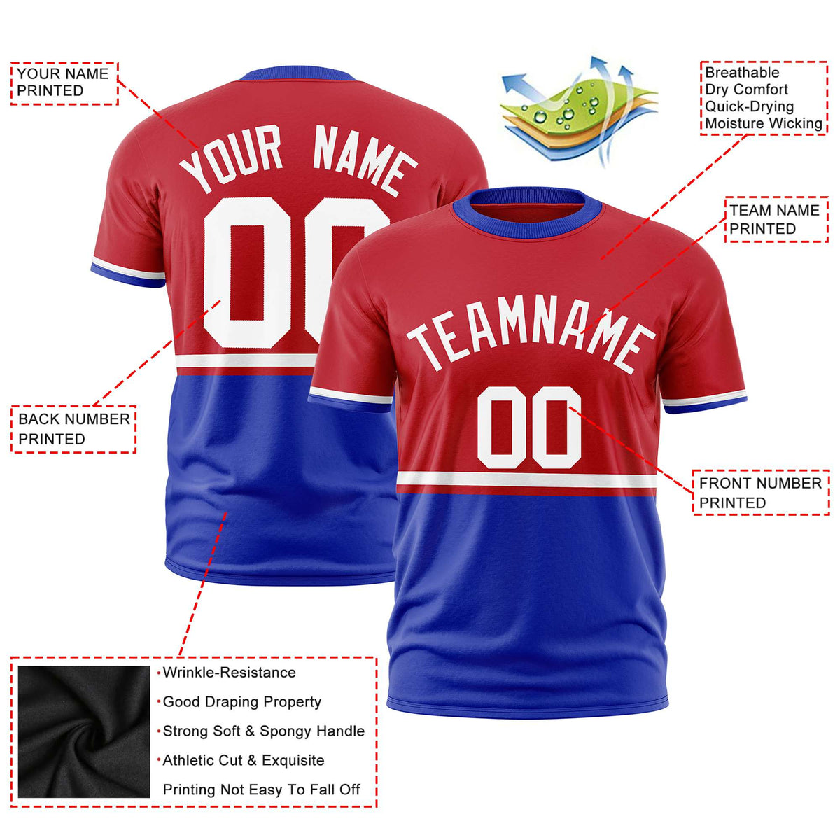 Custom Red White-Royal Blue Crew neck Color Block Design Performance T-Shirt