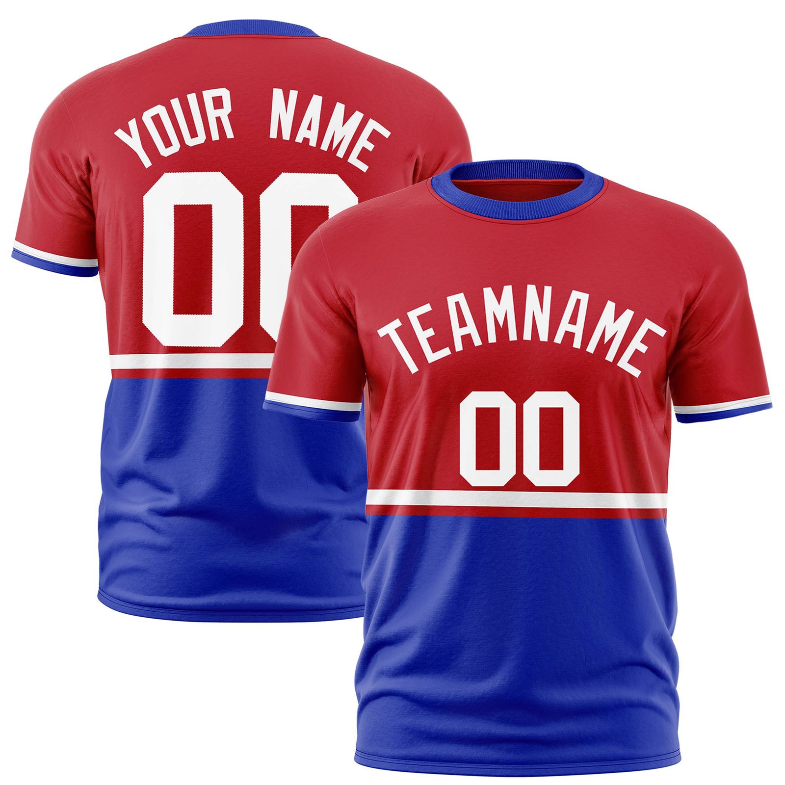 Custom Red White-Royal Blue Crew neck Color Block Design Performance T-Shirt