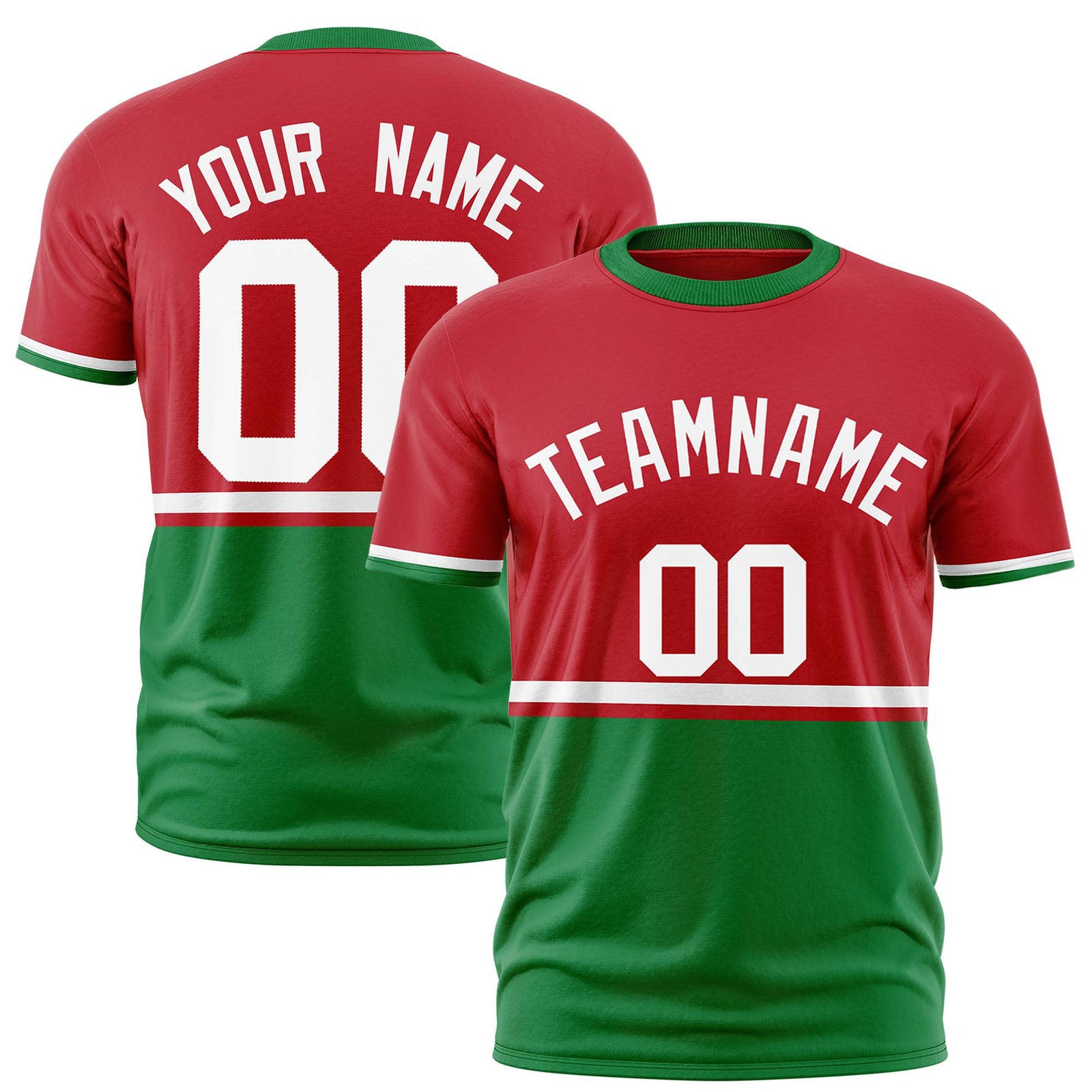 Custom Red White-Kelly Green Crew neck Color Block Design Performance T-Shirt