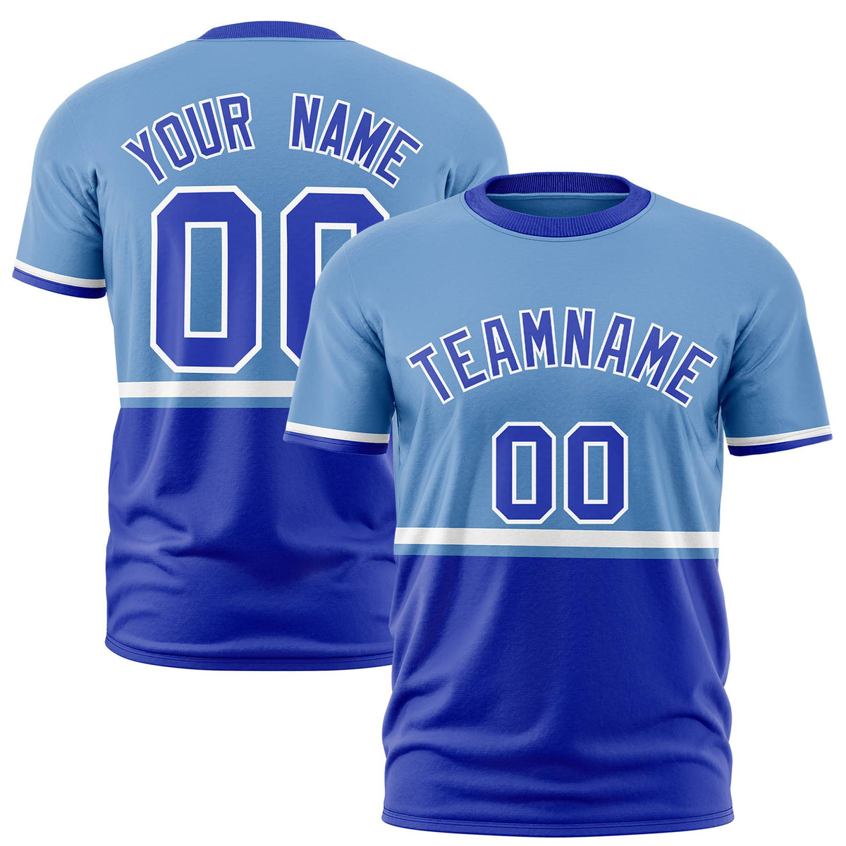 Custom Light Blue White-Royal Blue Crew neck Color Block Design Performance T-Shirt