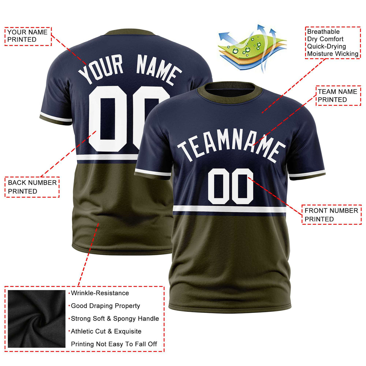 Custom Navy White-Olive Crew neck Color Block Design Performance T-Shirt