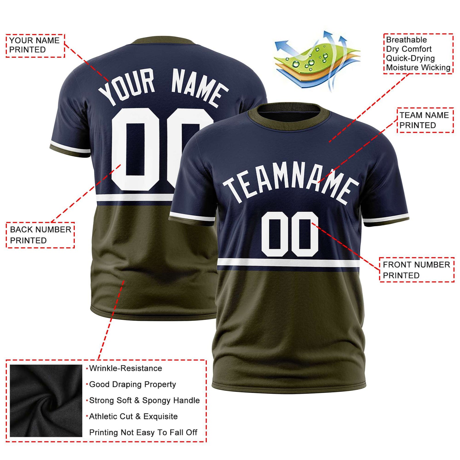 Custom Navy White-Olive Crew neck Color Block Design Performance T-Shirt