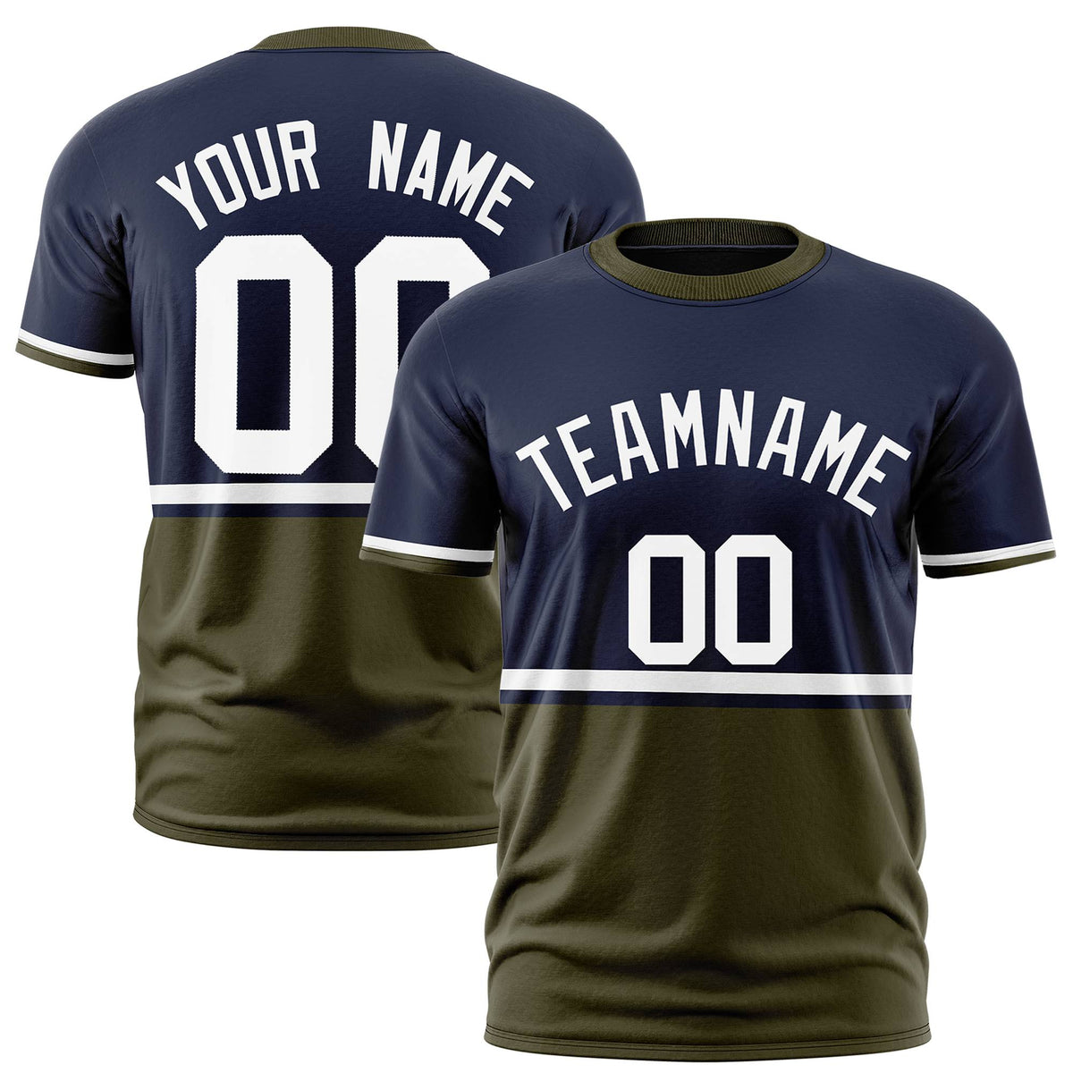 Custom Navy White-Olive Crew neck Color Block Design Performance T-Shirt