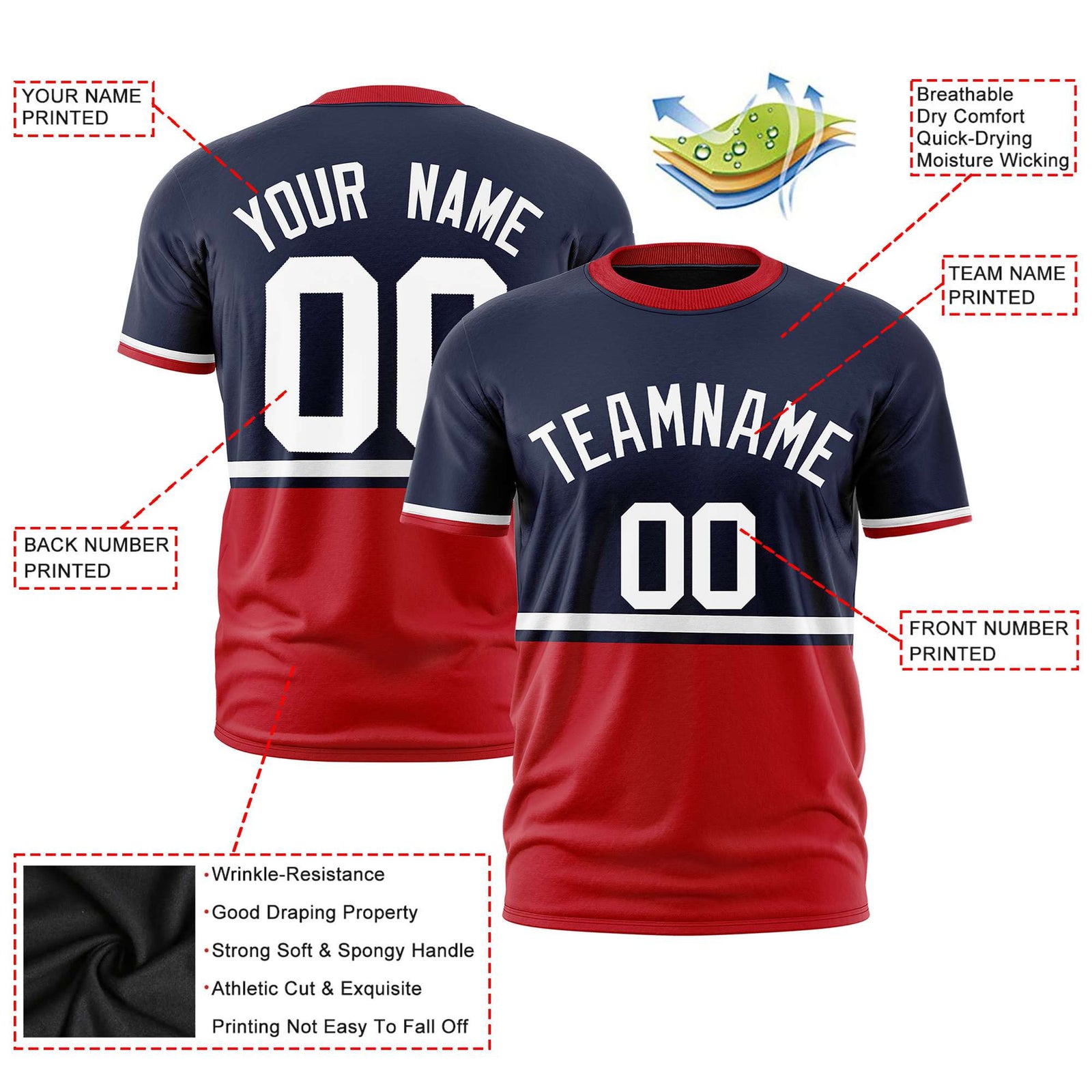 Custom Navy White-Red Crew neck Color Block Design Performance T-Shirt