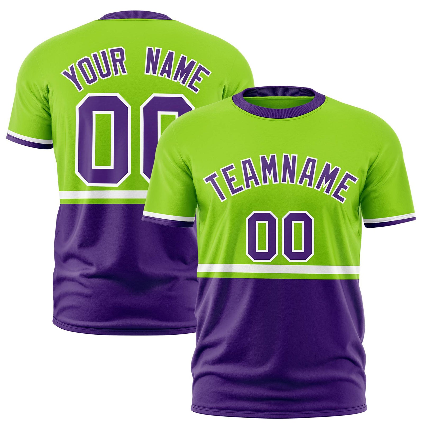 Custom Neon Green White-Purple Crew neck Color Block Design Performance T-Shirt